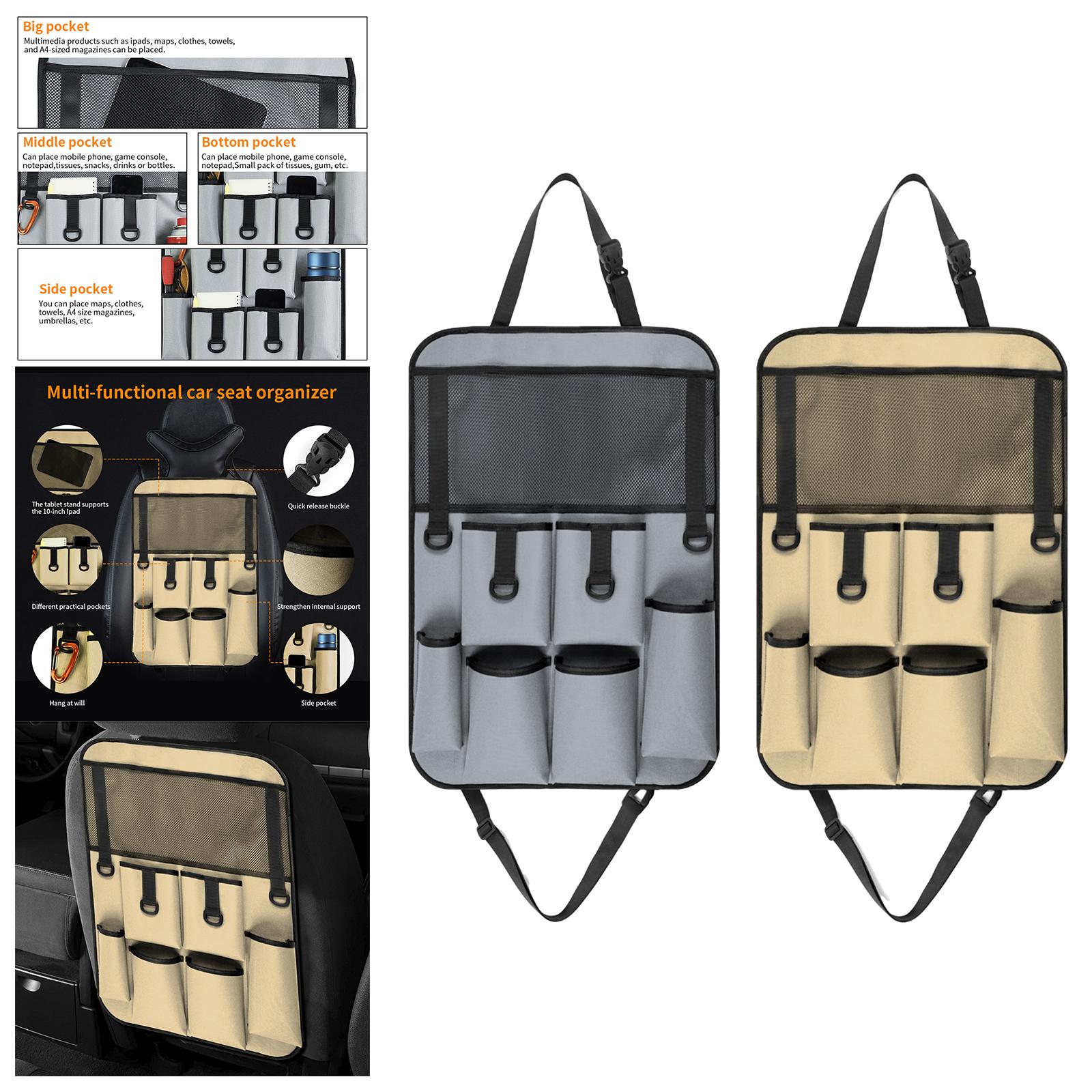 Car Back Seat Organizer Bottle Bag Kick Mat for Snacks Tissue Box Books Khaki