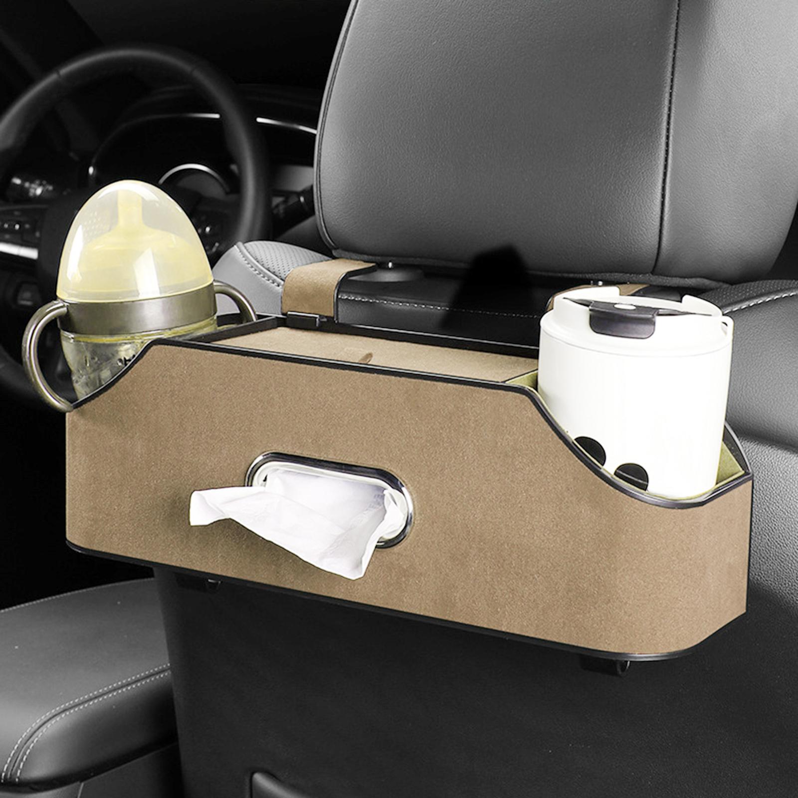 Car Headrest Organizer with 2 Drink Cup Holder for Travel Baby Toddlers Beige