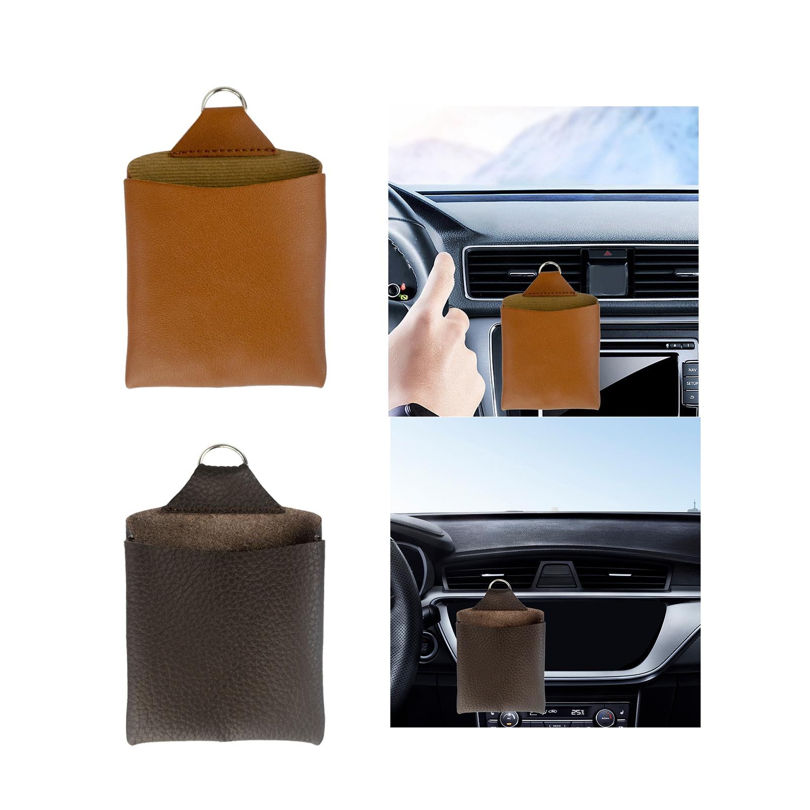 Car Air Vent Organizer Practical PU Leather for Small Items Keys Phones brown