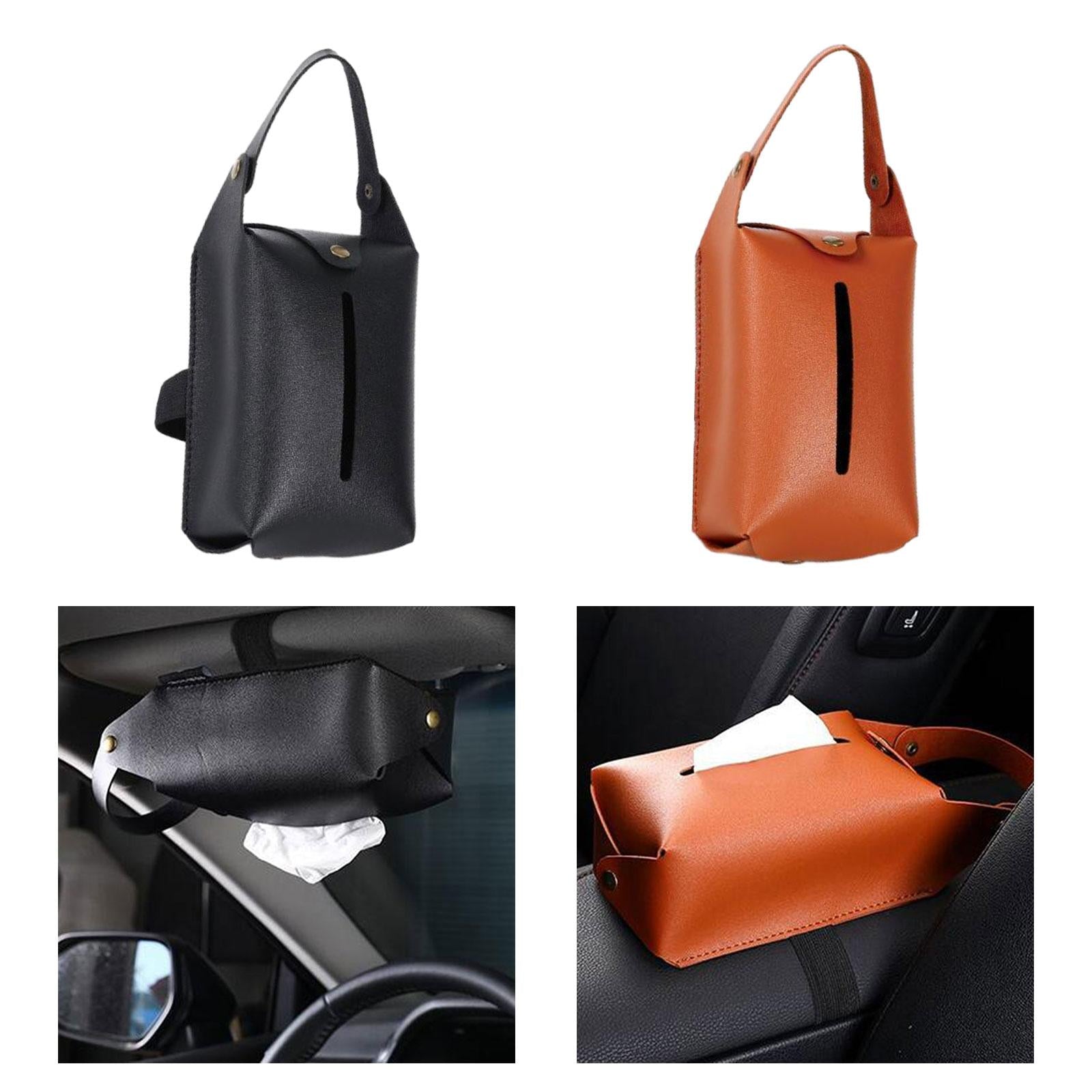 Car Tissue Holder PU Leather Napkin Box Sturdy Fashionable with Elastic Band Black