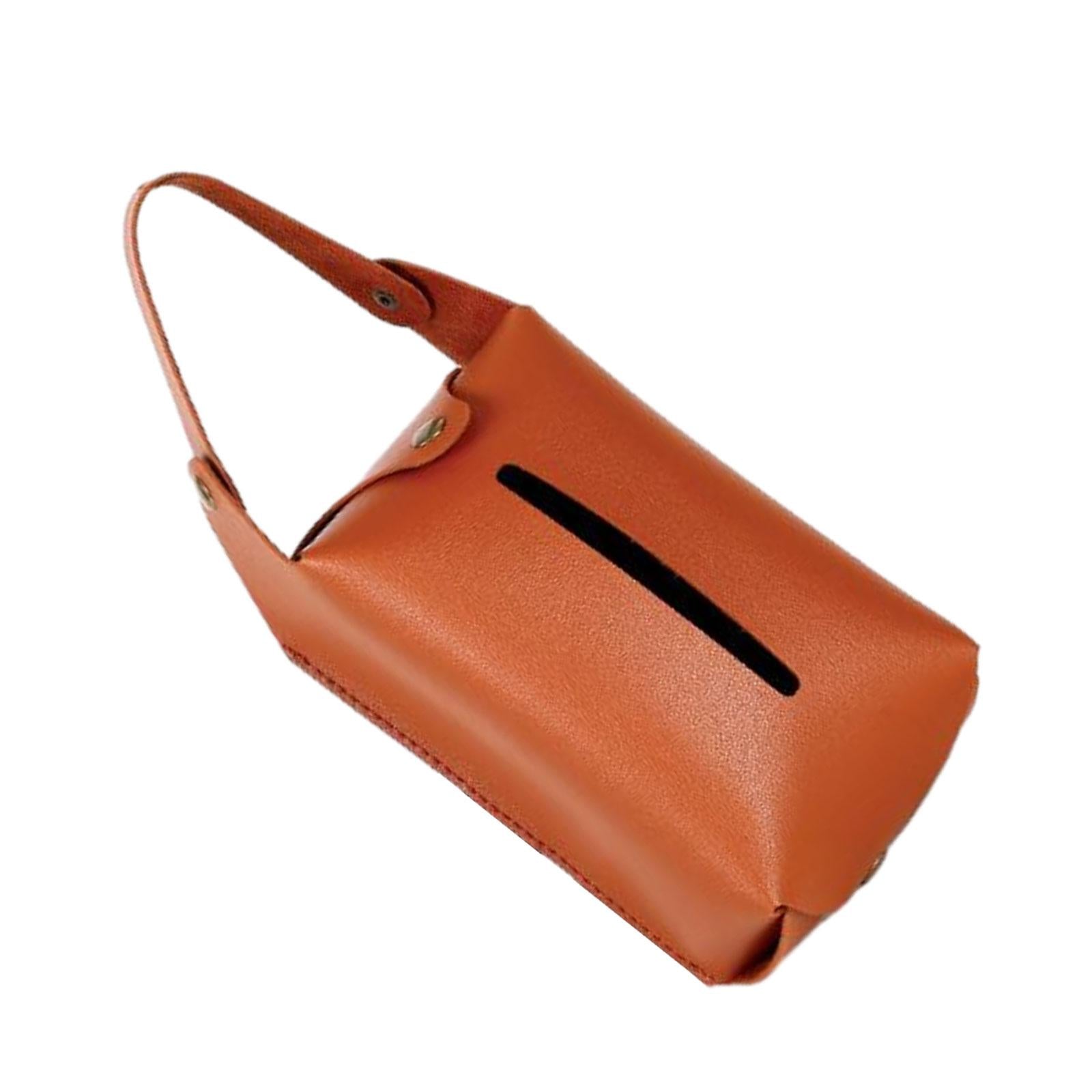 Car Tissue Holder PU Leather Napkin Box Sturdy Fashionable with Elastic Band Light Brown