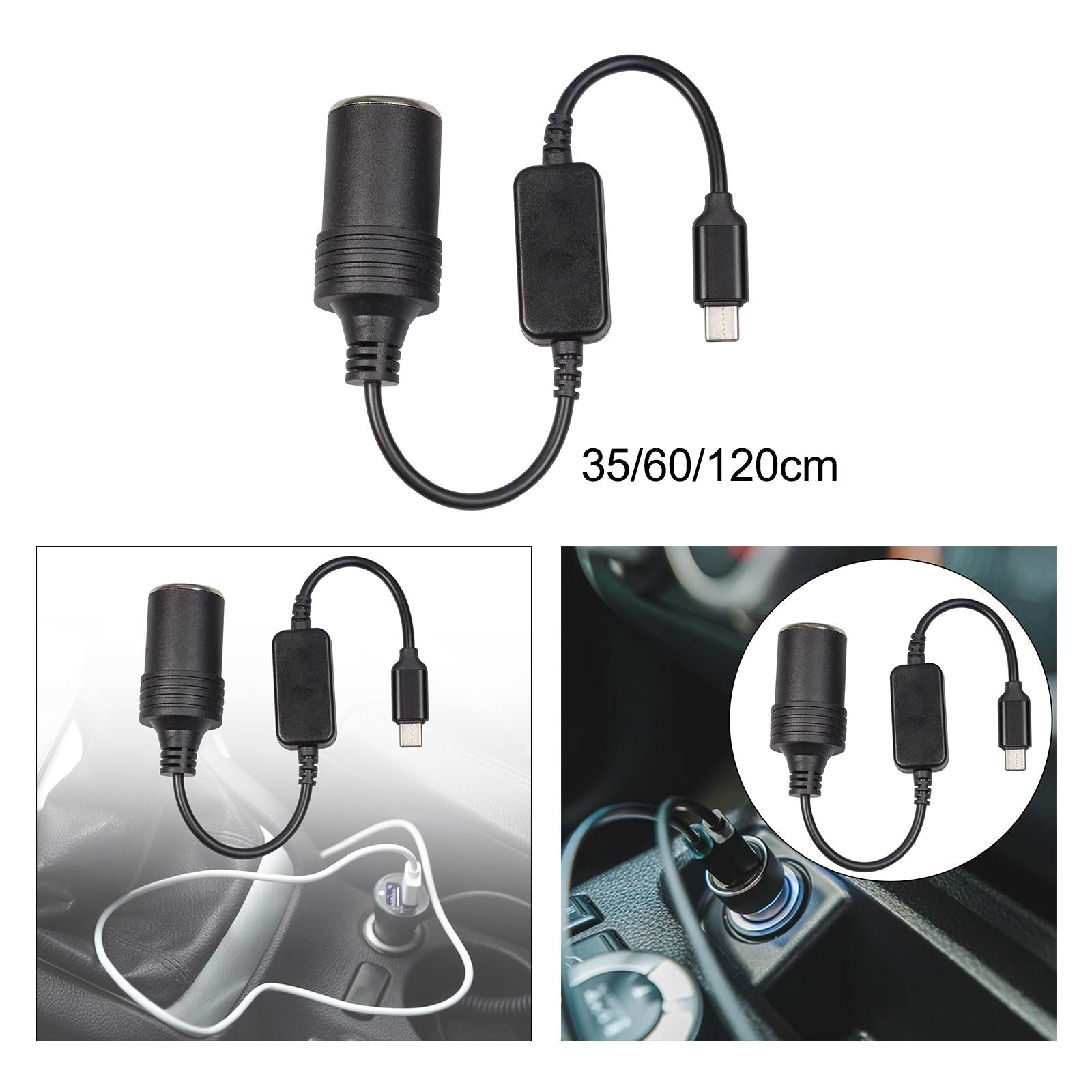 3xUSB C Male to 12V Car Cigarette Lighter Socket Female Converter Cable 12W 0.35m