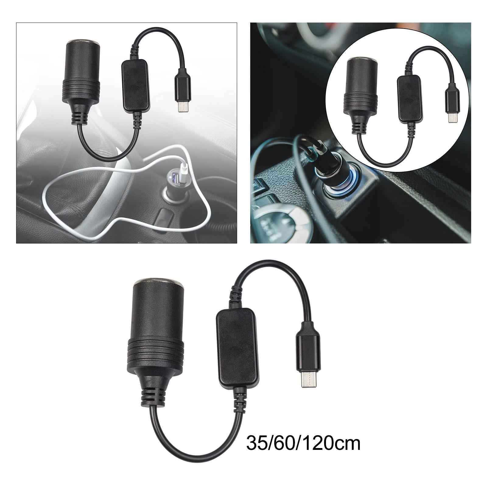 USB C Male to 12V Car Cigarette Lighter Socket Female Converter Cable 12W 0.35m