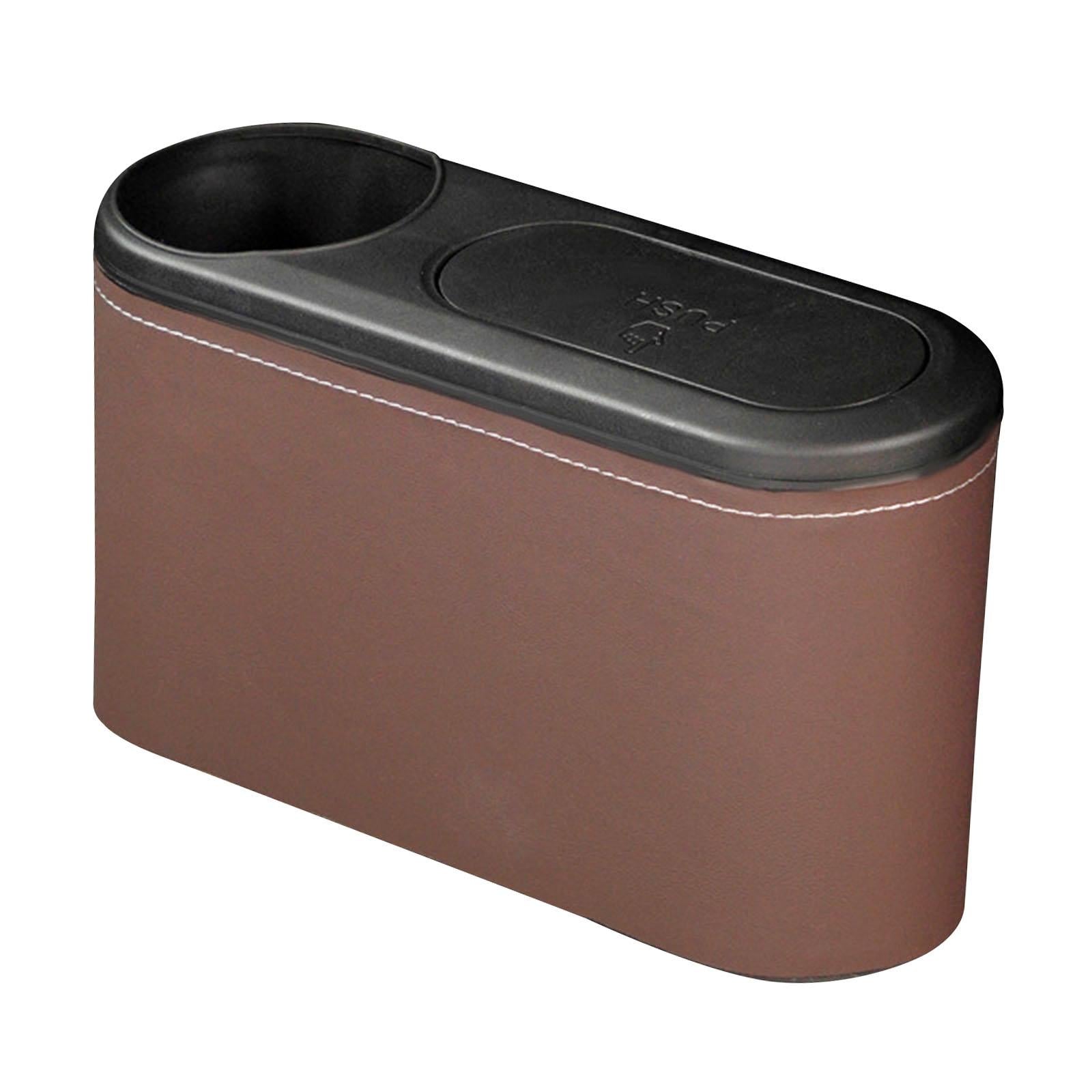 Car Trash Can with Lid Auto Accessories Trash Container for Keys Bottle Brown PU Leather