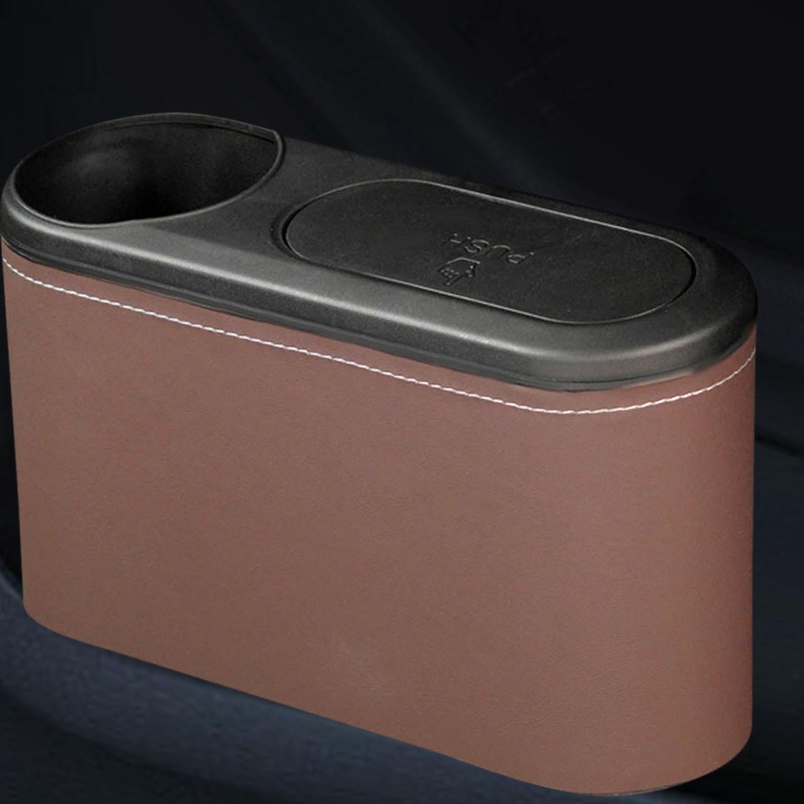 Car Trash Can with Lid Auto Accessories Trash Container for Keys Bottle Brown PU Leather
