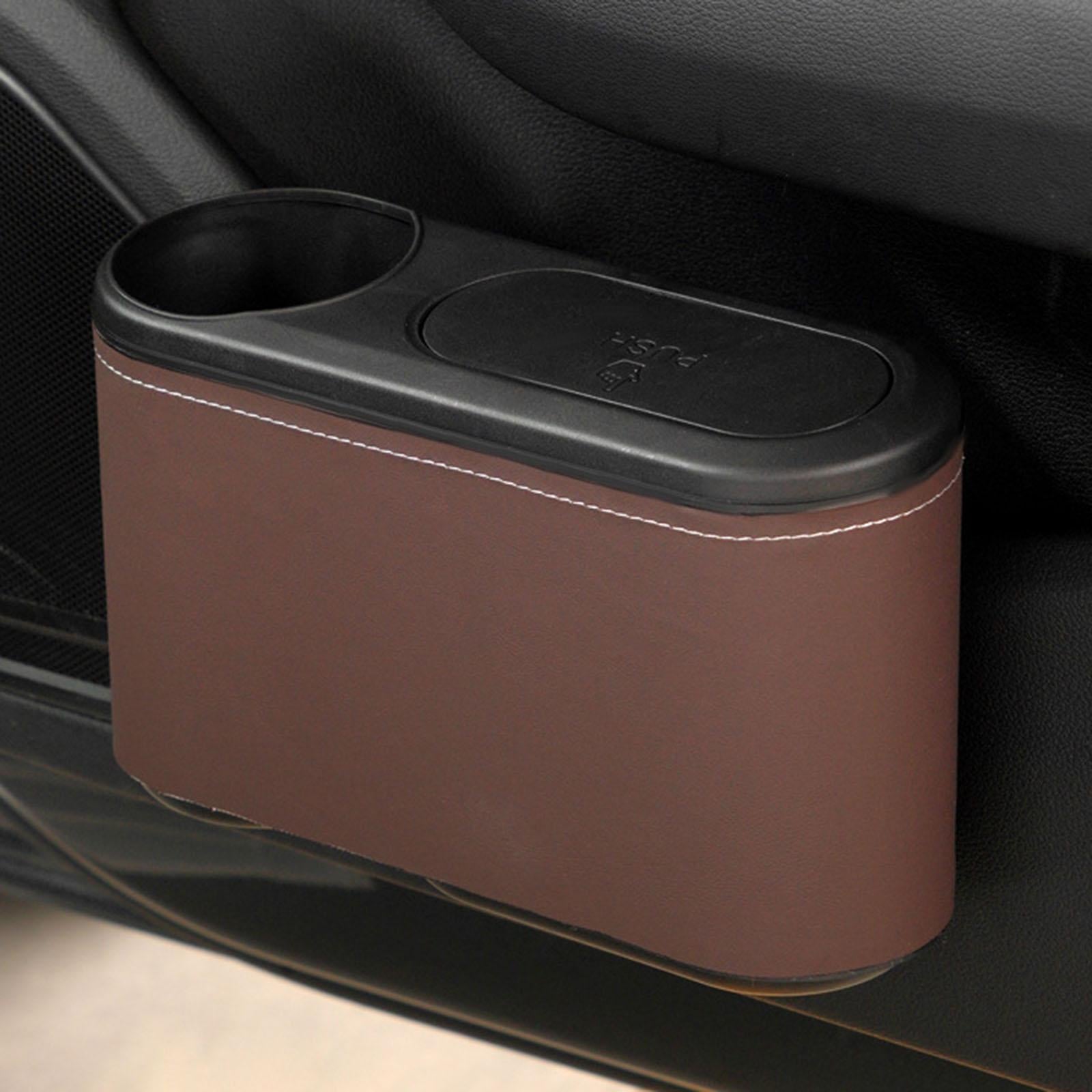 Car Trash Can with Lid Auto Accessories Trash Container for Keys Bottle Brown PU Leather