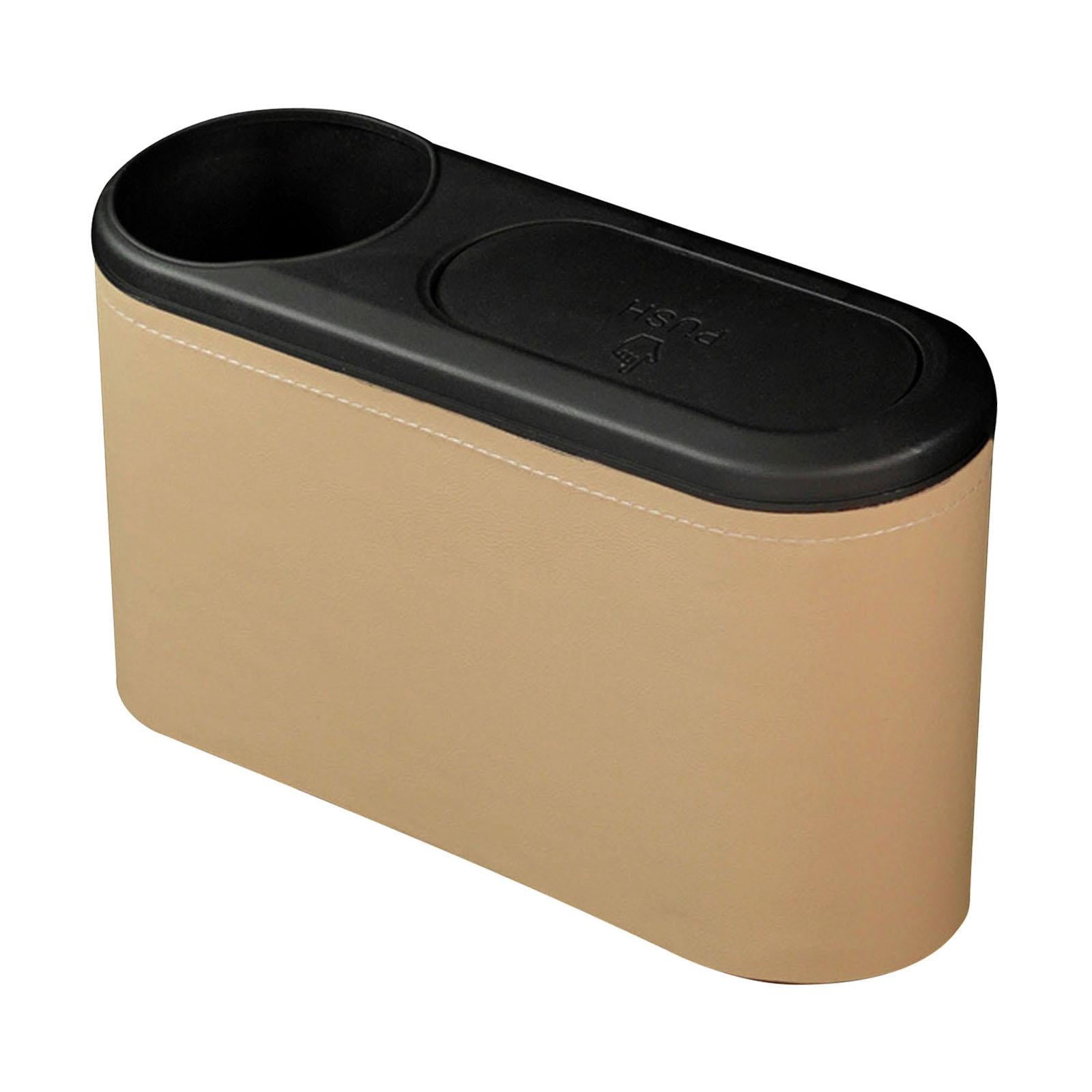 Car Trash Can with Lid Auto Accessories Trash Container for Keys Bottle Beige PU Leather
