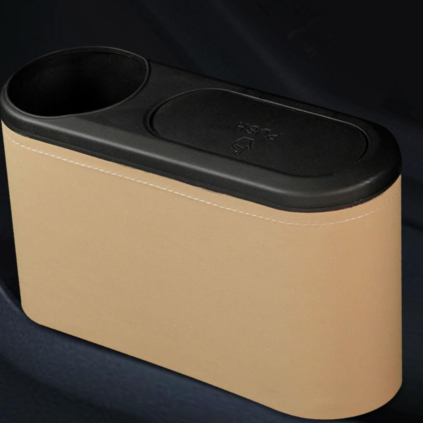Car Trash Can with Lid Auto Accessories Trash Container for Keys Bottle Beige PU Leather