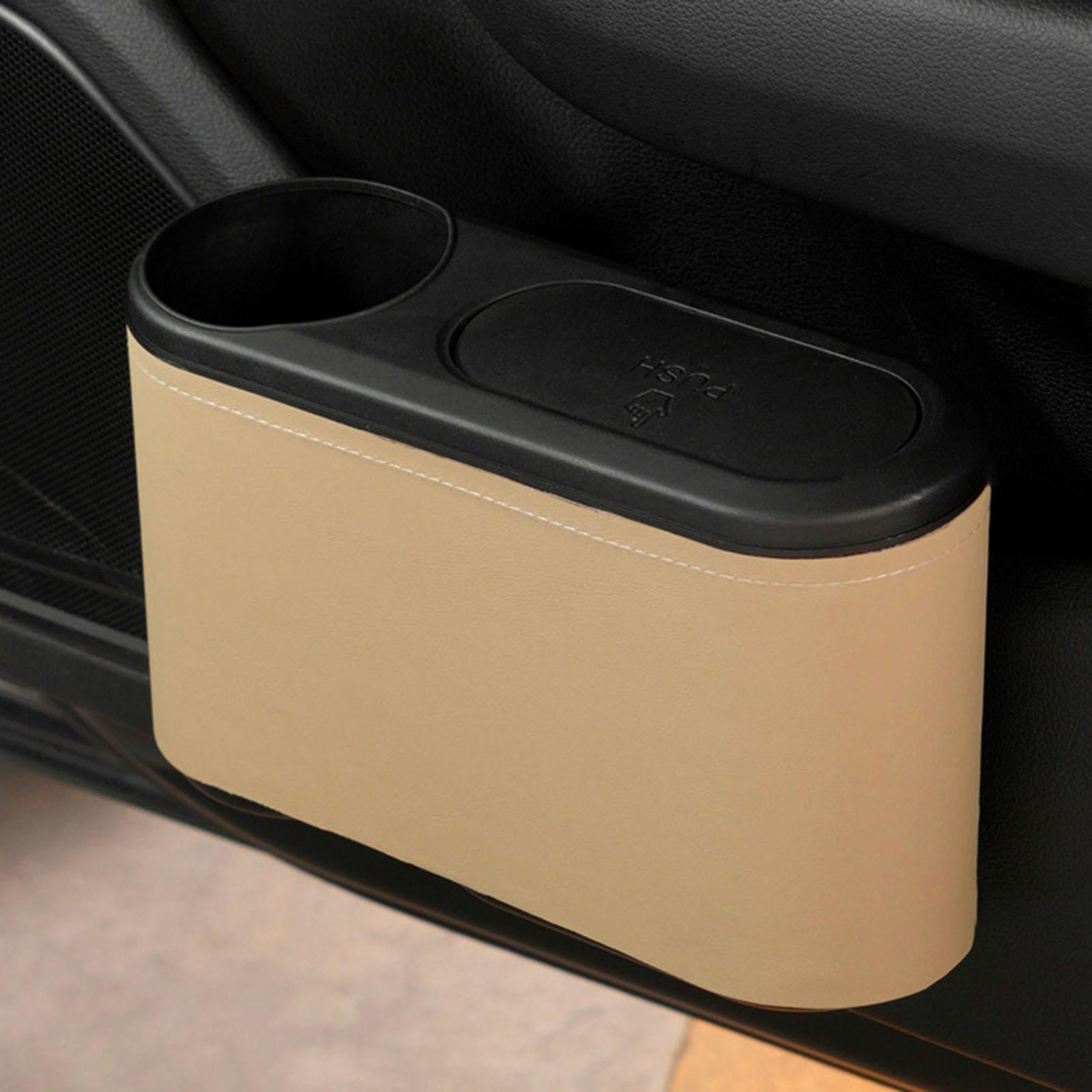 Car Trash Can with Lid Auto Accessories Trash Container for Keys Bottle Beige PU Leather