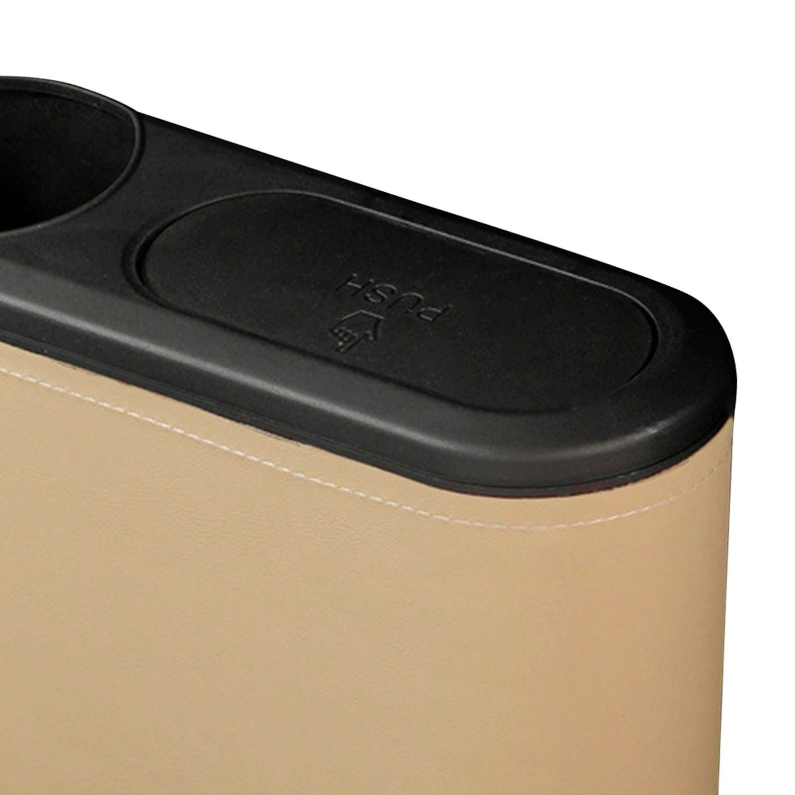 Car Trash Can with Lid Auto Accessories Trash Container for Keys Bottle Beige PU Leather