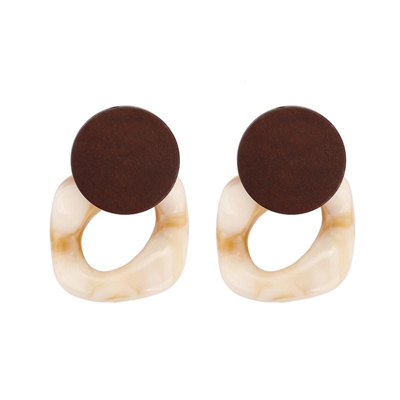 2 Pairs Women Fashion Big Resin Drop Wood Square Earrings (White Brown)