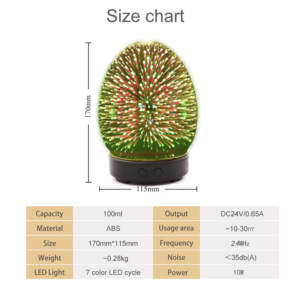 100ml 3D Light Glass Humidifier Essential Oil Diffuser US Oval - Firework