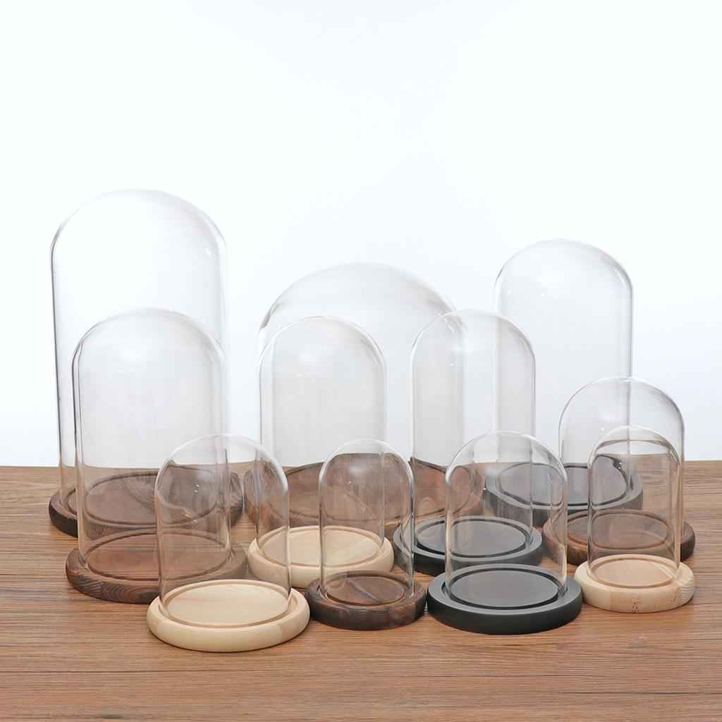 Glass Dome Cloche with Wood Base Flower Landscape Holder Glass Cover Brown A