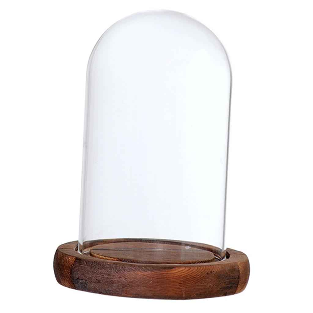 Glass Dome Cloche with Wood Base Flower Landscape Holder Glass Cover Brown A