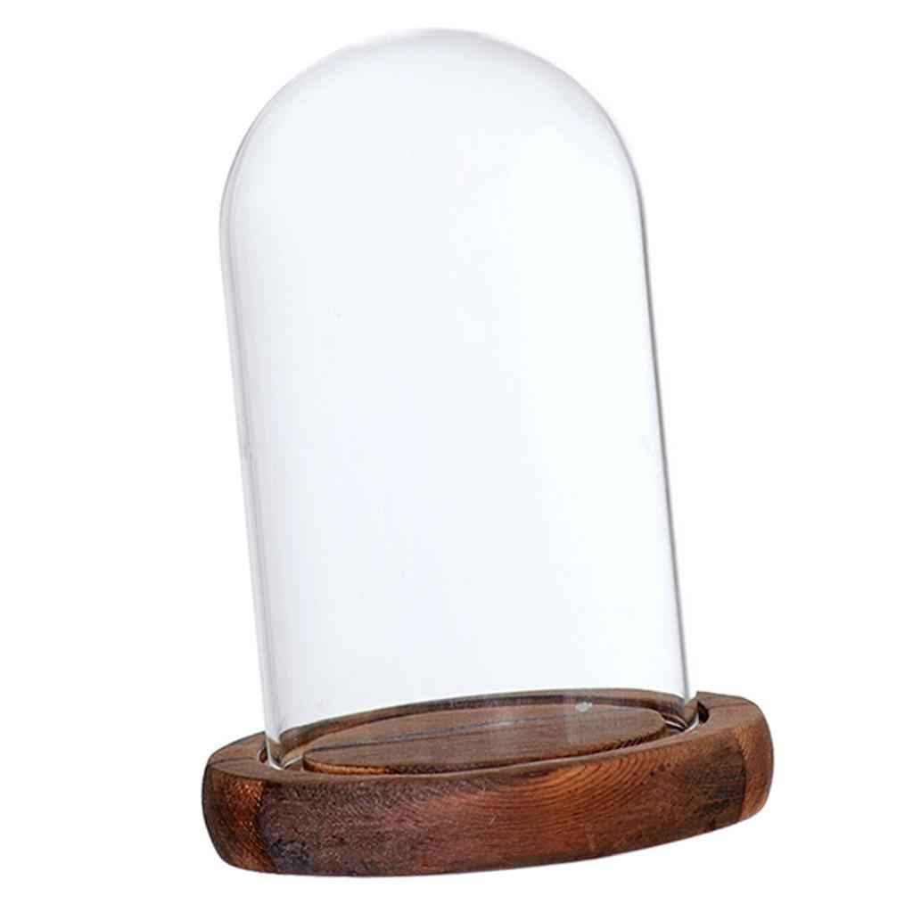 Glass Dome Cloche with Wood Base Flower Landscape Holder Glass Cover Brown A