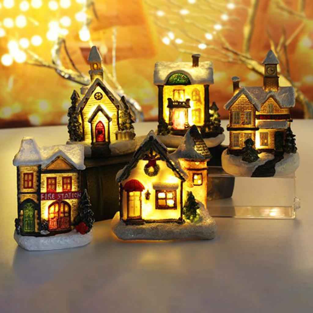 Resin Christmas Scene Snow House LED Village Set Desktop Decoration Gift C