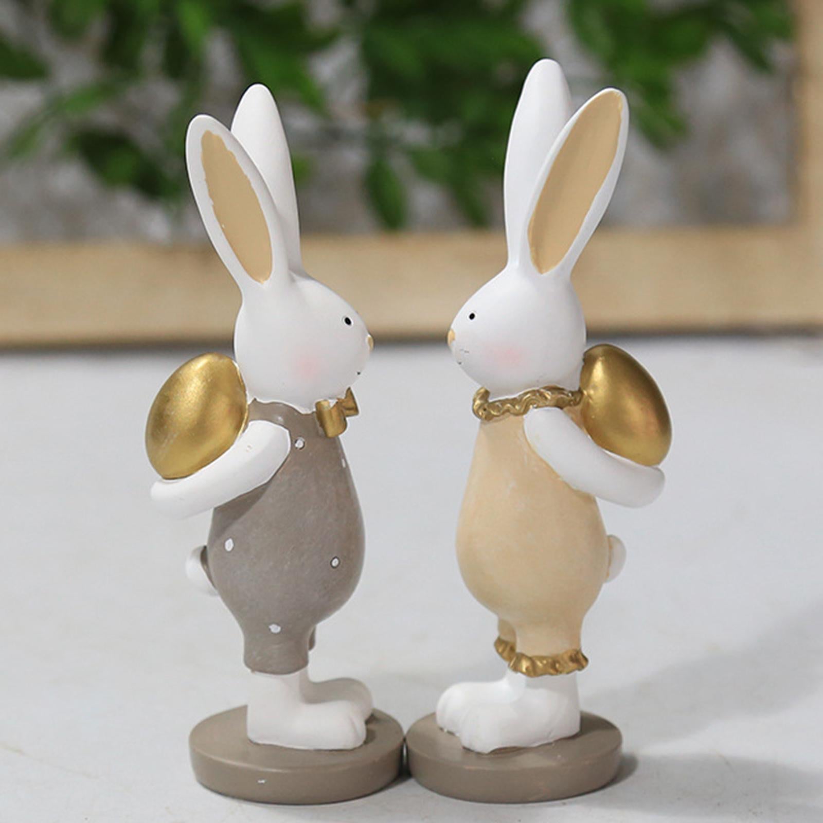 2 Pieces Lovely Rabbit Statue Easter Egg Bunny Figurines for Office Ornament