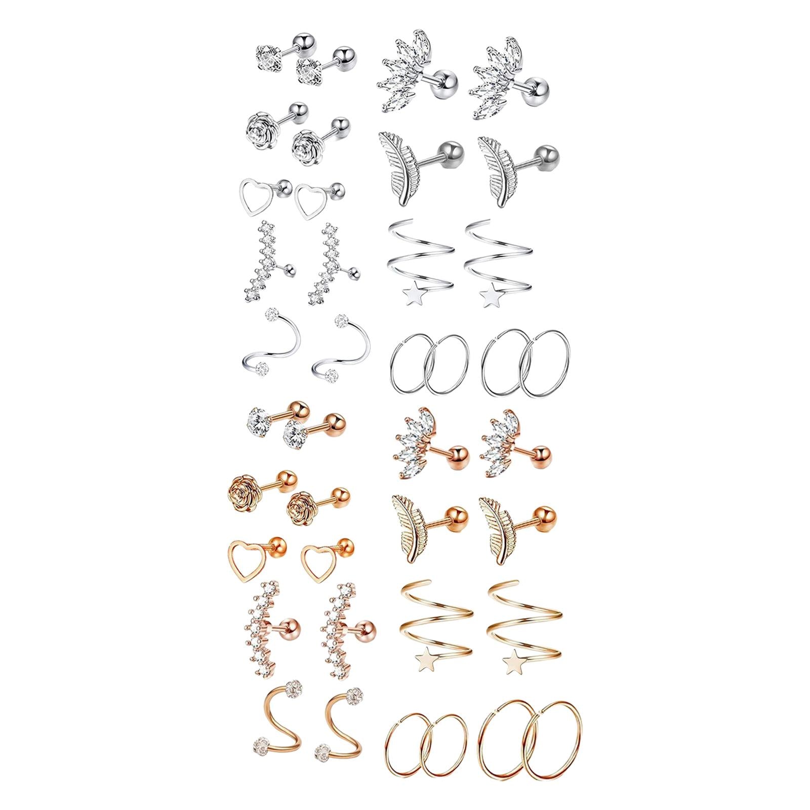 20x Stainless Steel Earrings Set Heart Flower Feather Piercing Earrings Silver