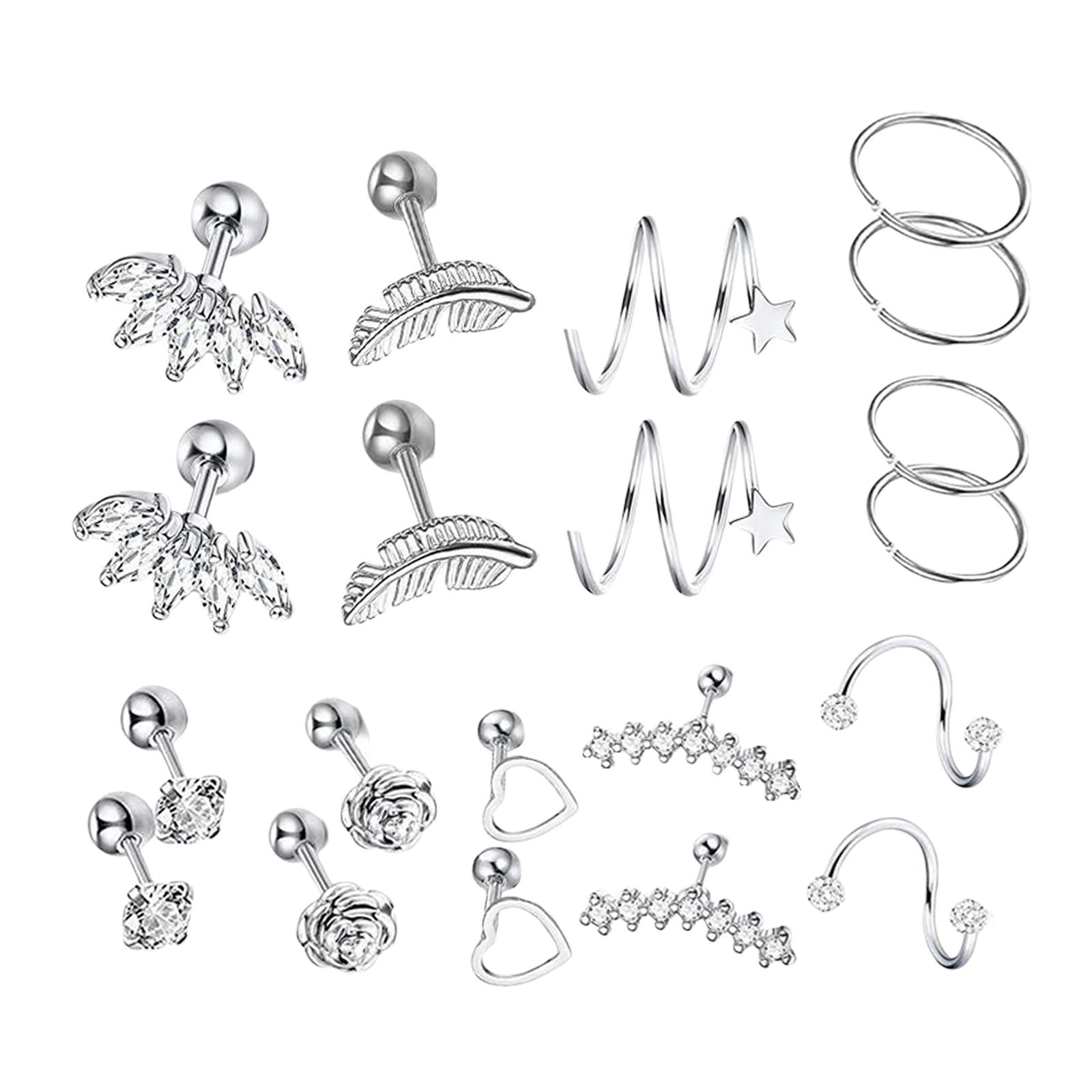 20x Stainless Steel Earrings Set Heart Flower Feather Piercing Earrings Silver