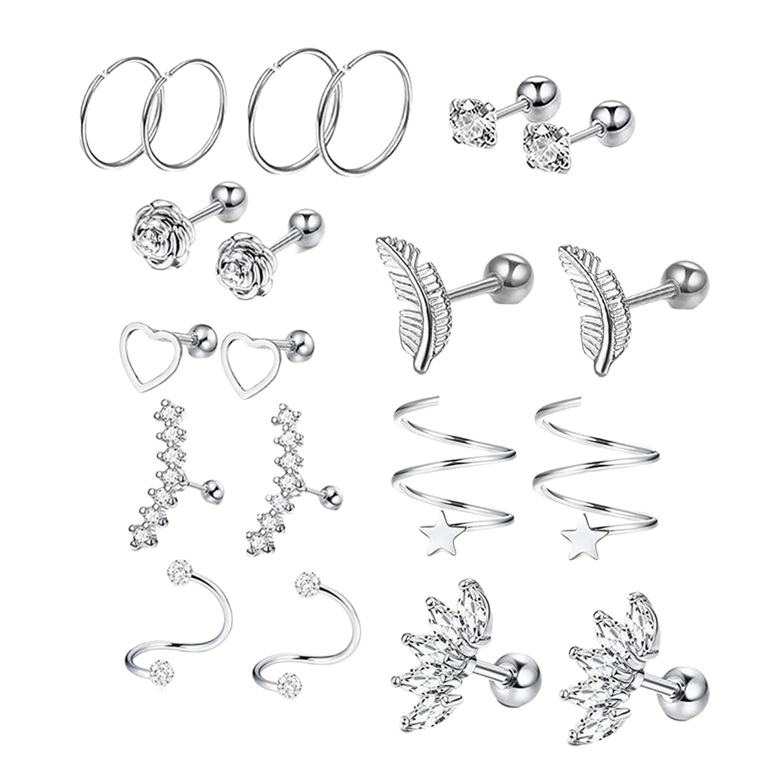 20x Stainless Steel Earrings Set Heart Flower Feather Piercing Earrings Silver