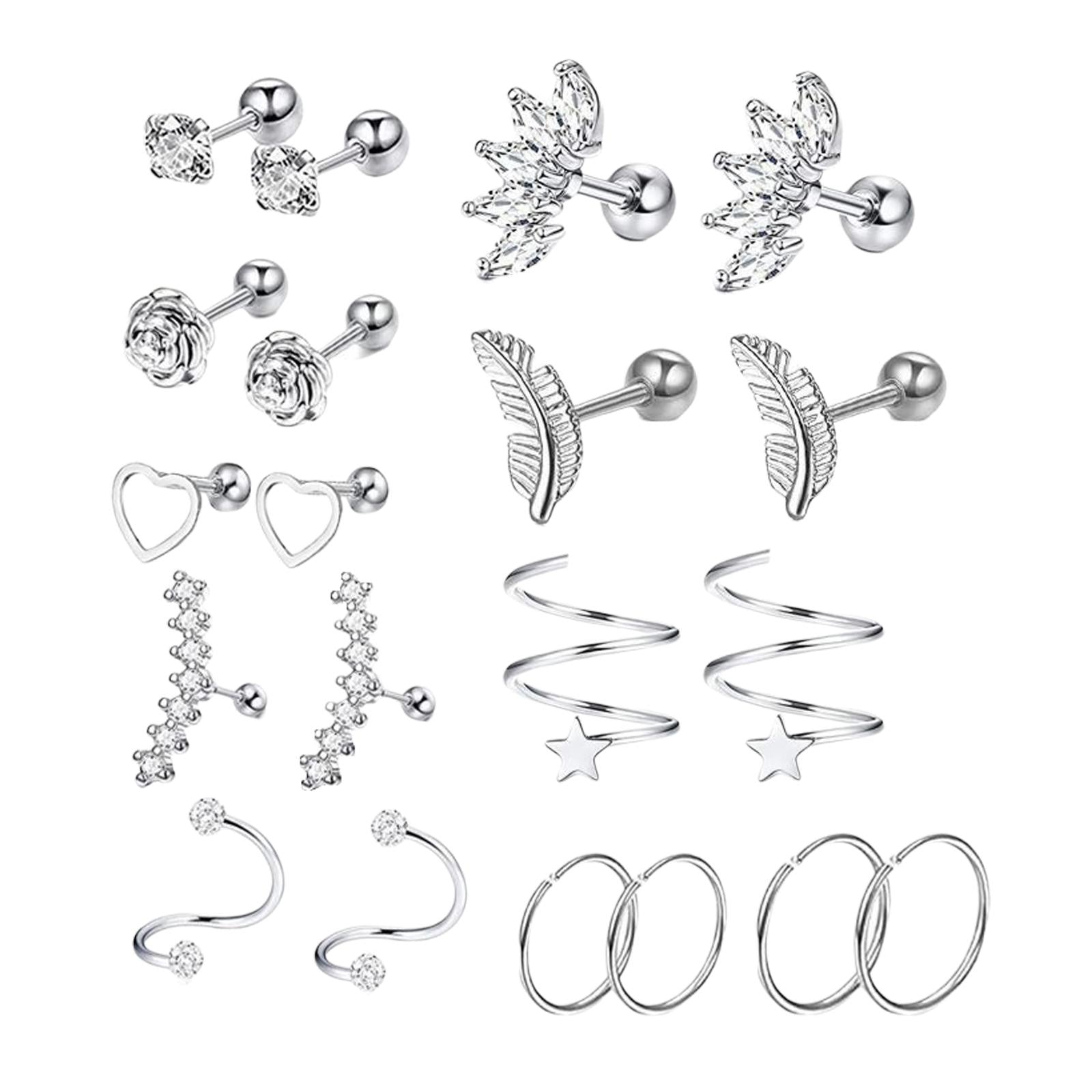 20x Stainless Steel Earrings Set Heart Flower Feather Piercing Earrings Silver