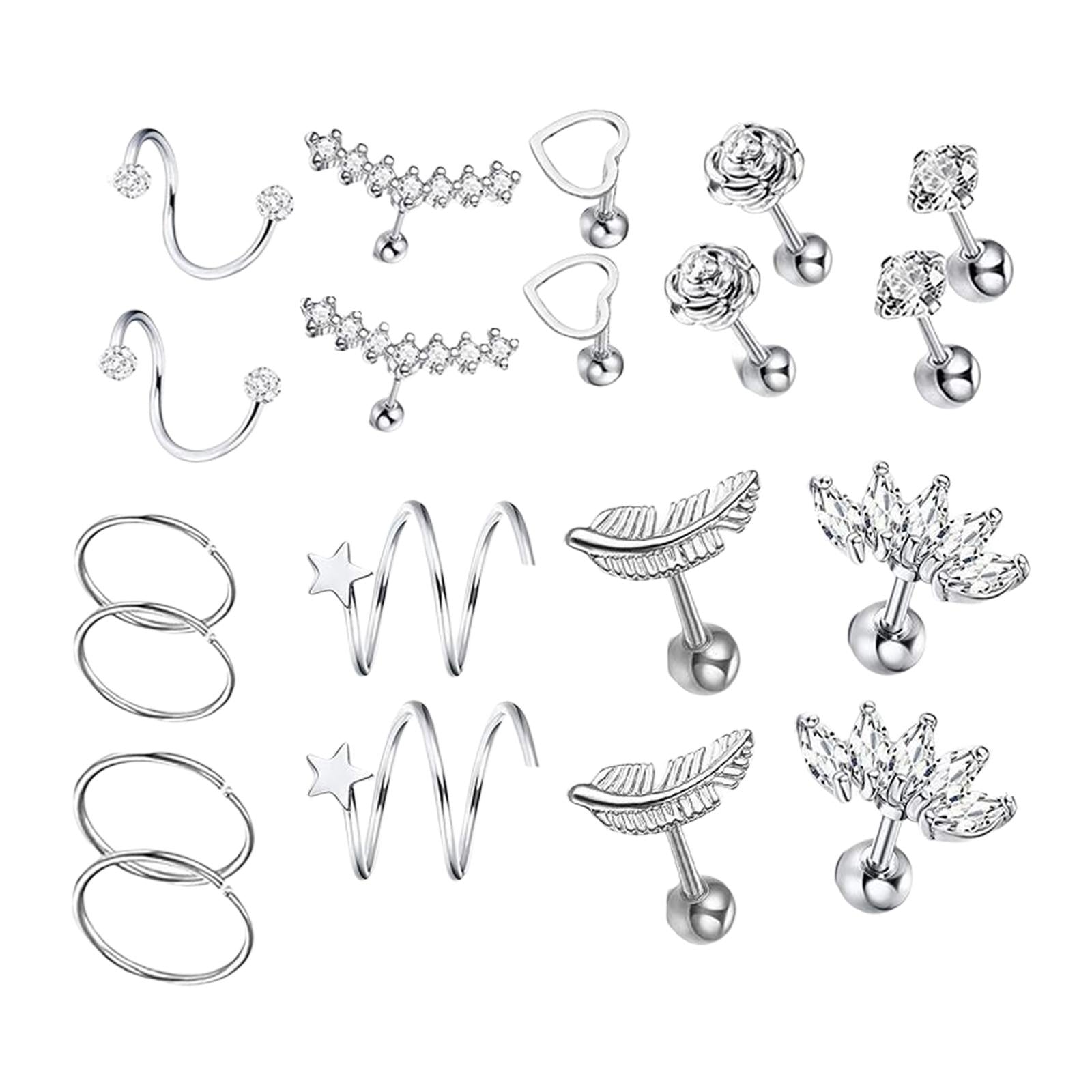 20x Stainless Steel Earrings Set Heart Flower Feather Piercing Earrings Silver