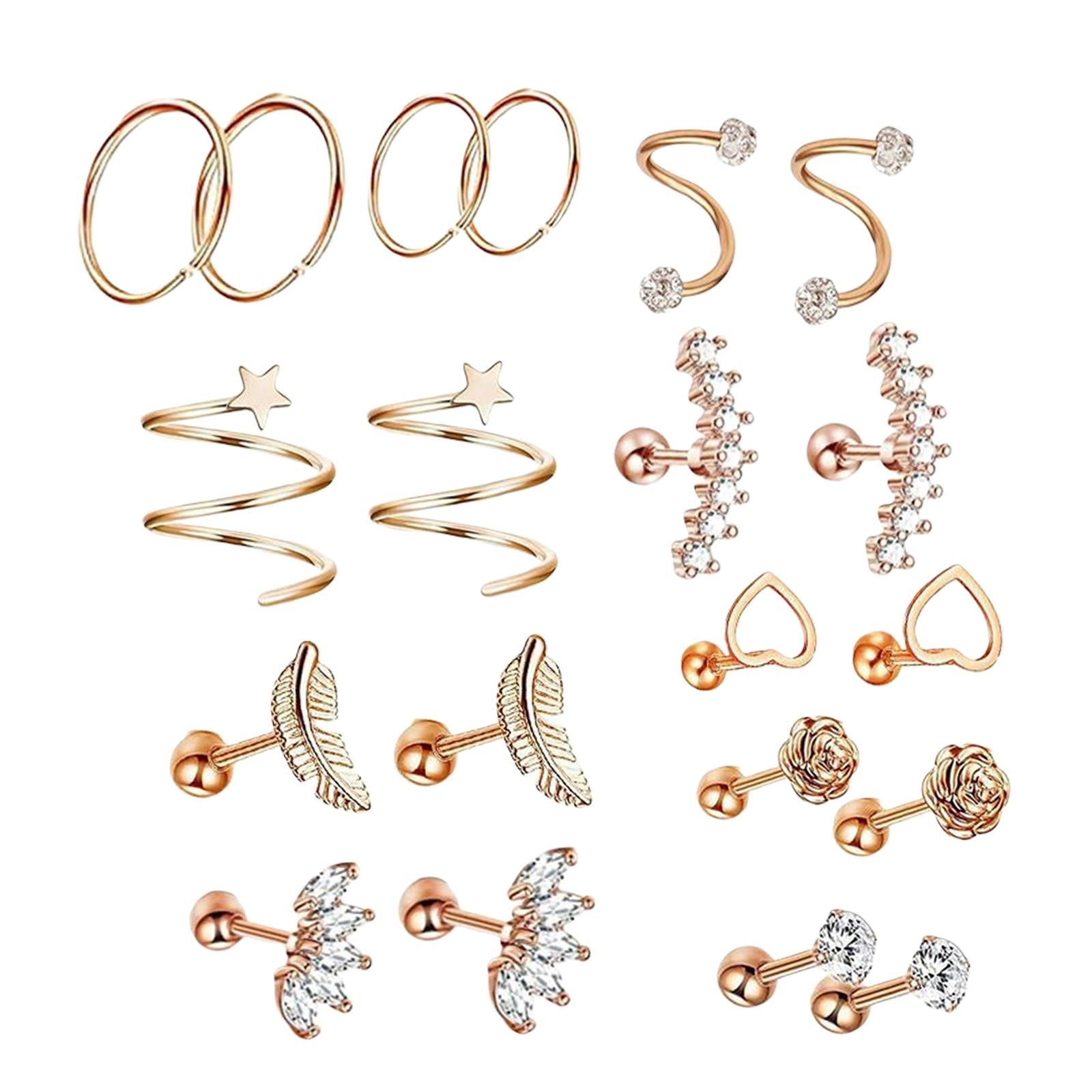 20x Stainless Steel Earrings Set Heart Flower Feather Piercing Earrings Rose Gold