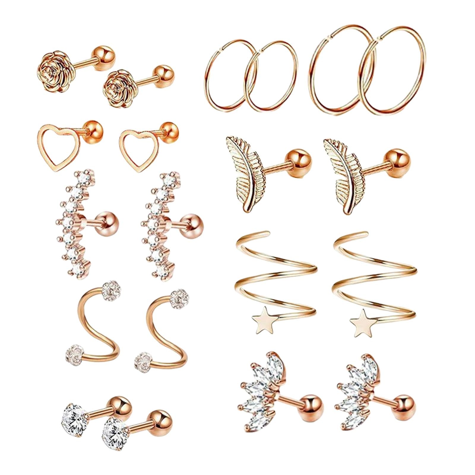 20x Stainless Steel Earrings Set Heart Flower Feather Piercing Earrings Rose Gold