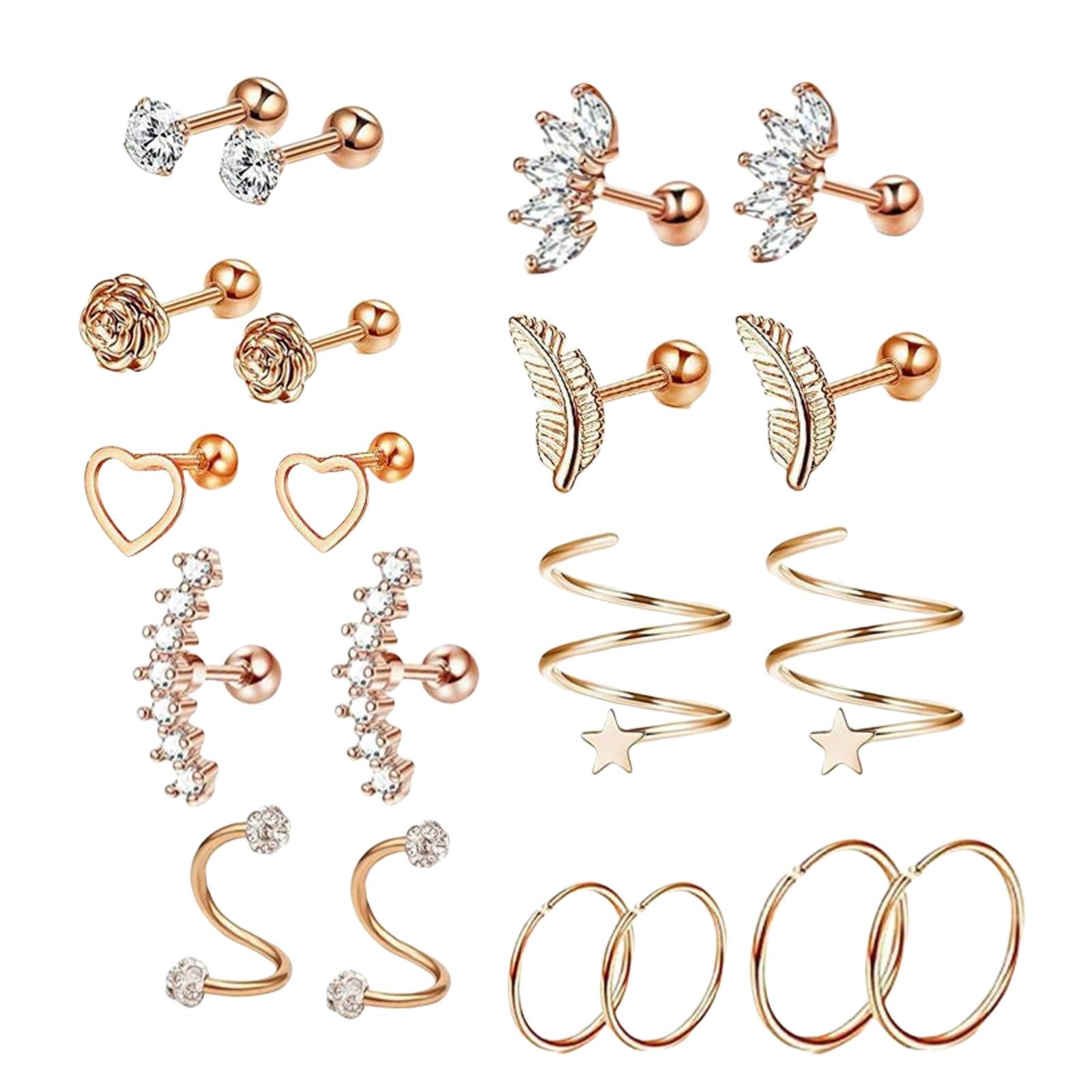 20x Stainless Steel Earrings Set Heart Flower Feather Piercing Earrings Rose Gold