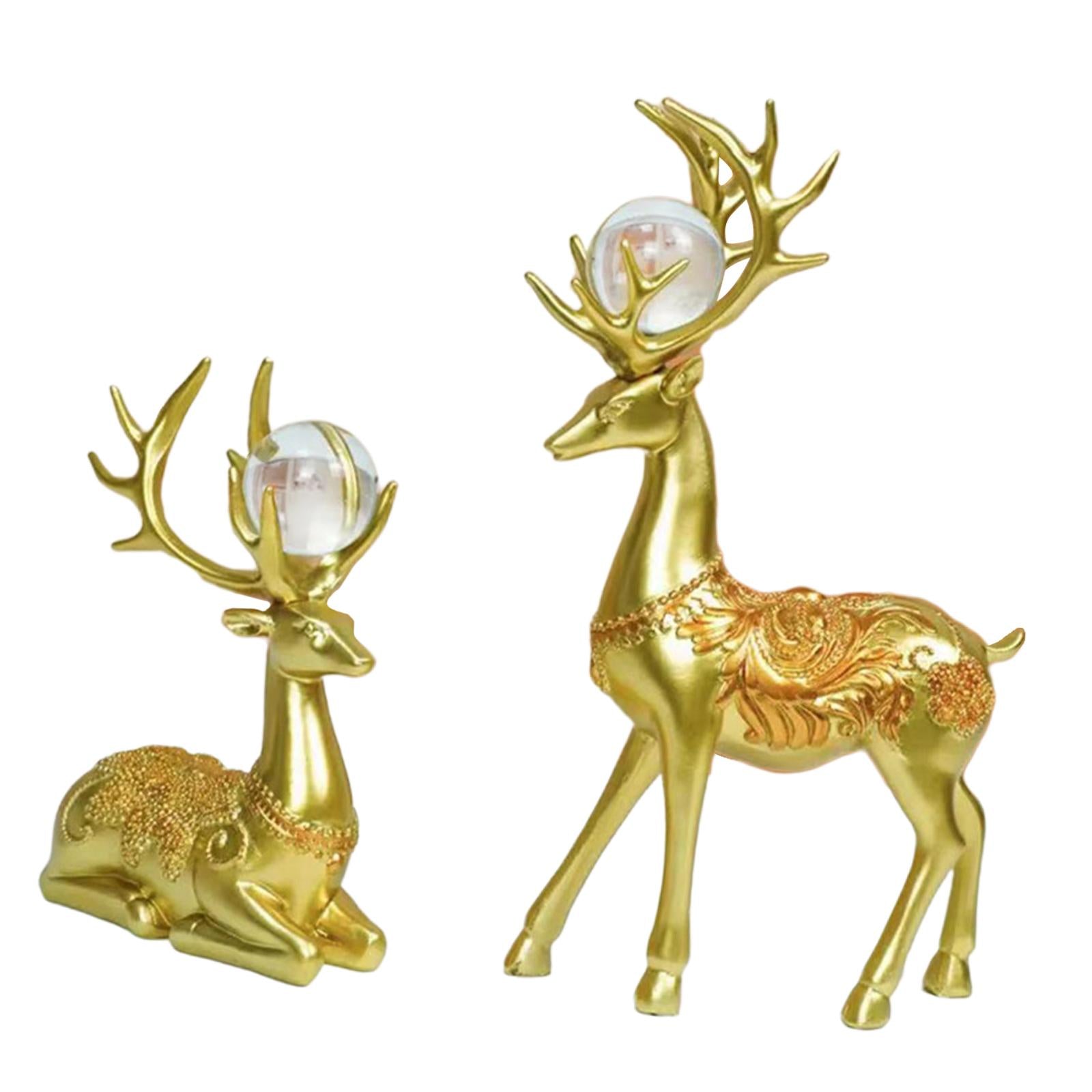 2Pcs Nordic Couple Deer Statue Figurine Feng Shui for TV Stand Home Desktop Golden