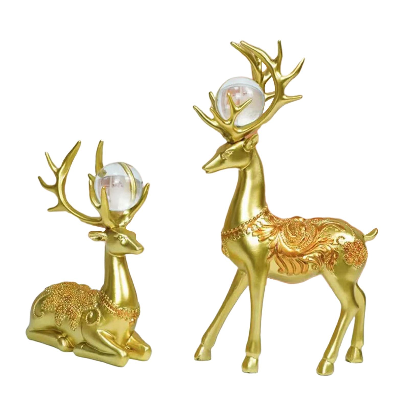 2Pcs Nordic Couple Deer Statue Figurine Feng Shui for TV Stand Home Desktop Golden