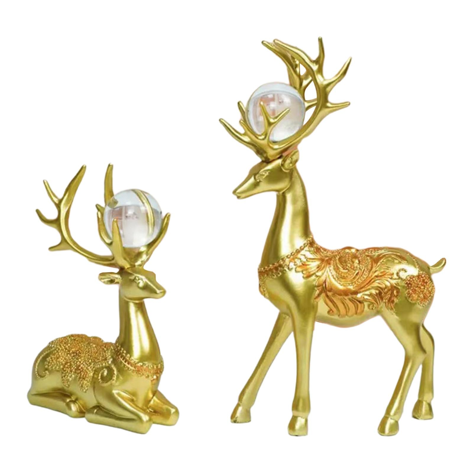 2Pcs Nordic Couple Deer Statue Figurine Feng Shui for TV Stand Home Desktop Golden