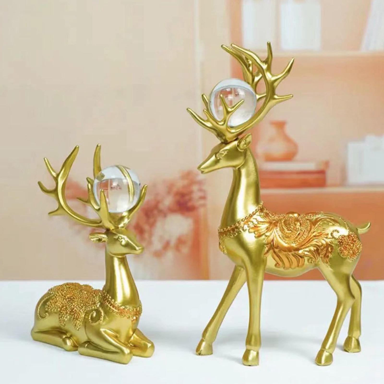 2Pcs Nordic Couple Deer Statue Figurine Feng Shui for TV Stand Home Desktop Golden