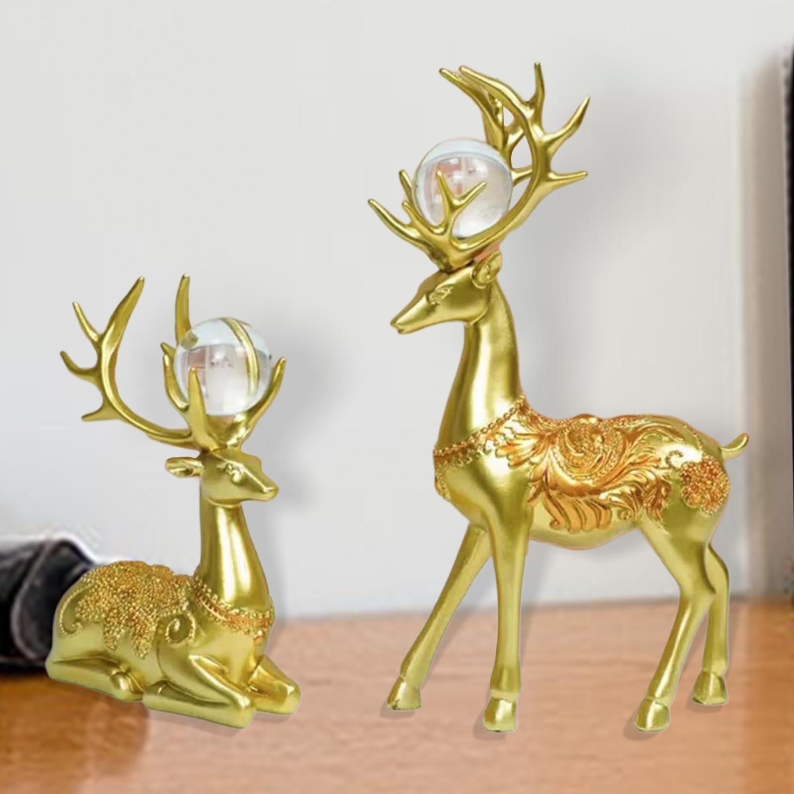 2Pcs Nordic Couple Deer Statue Figurine Feng Shui for TV Stand Home Desktop Golden