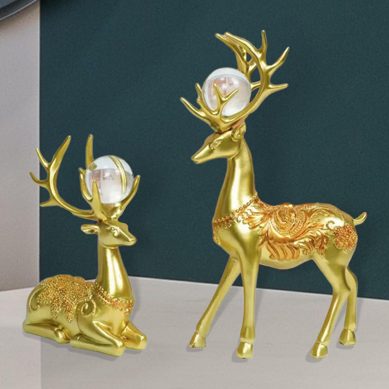 2Pcs Nordic Couple Deer Statue Figurine Feng Shui for TV Stand Home Desktop Golden