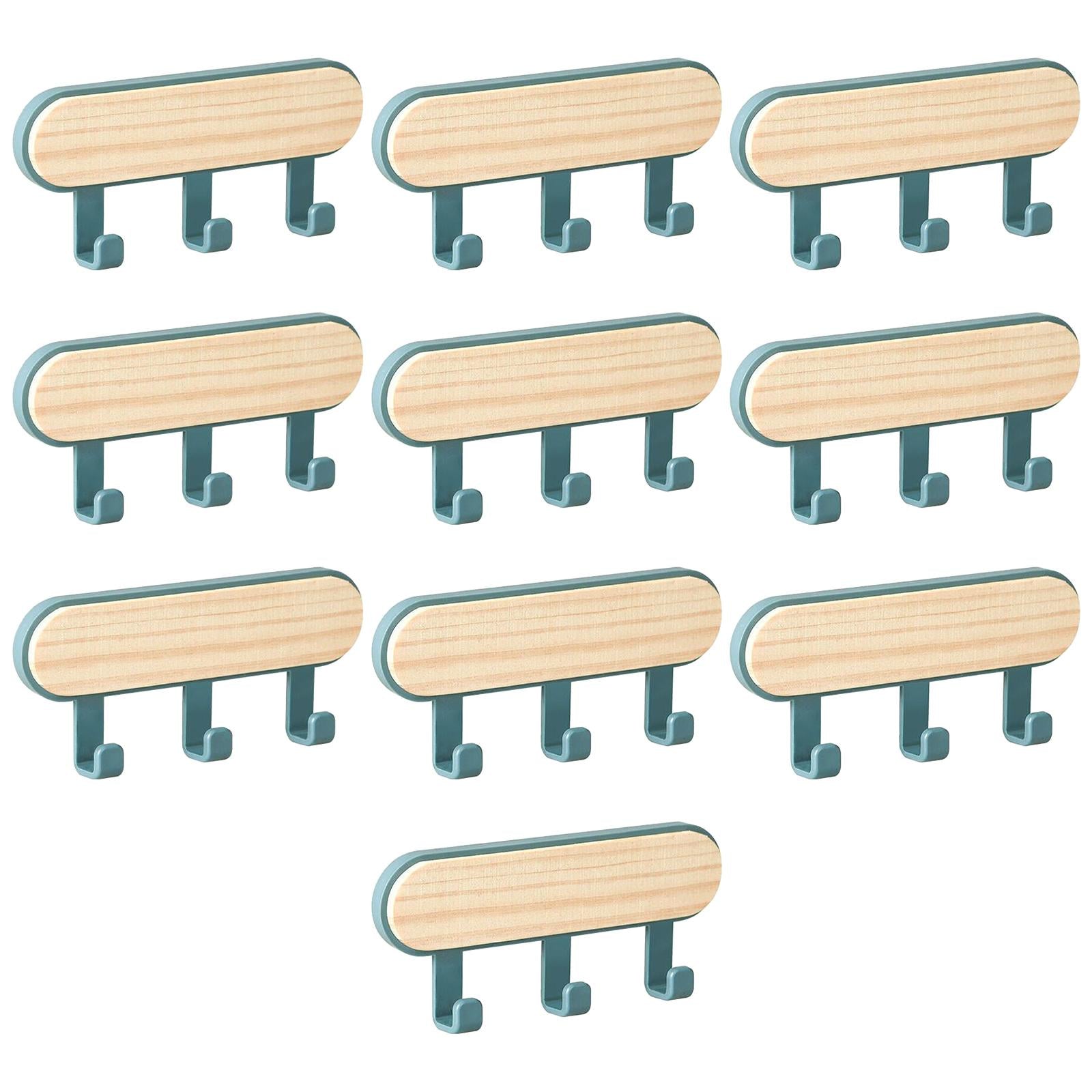 10x Wall Mounted Coat Racks Back Adhesive for Bathroom Bedroom 3 Hooks Blue