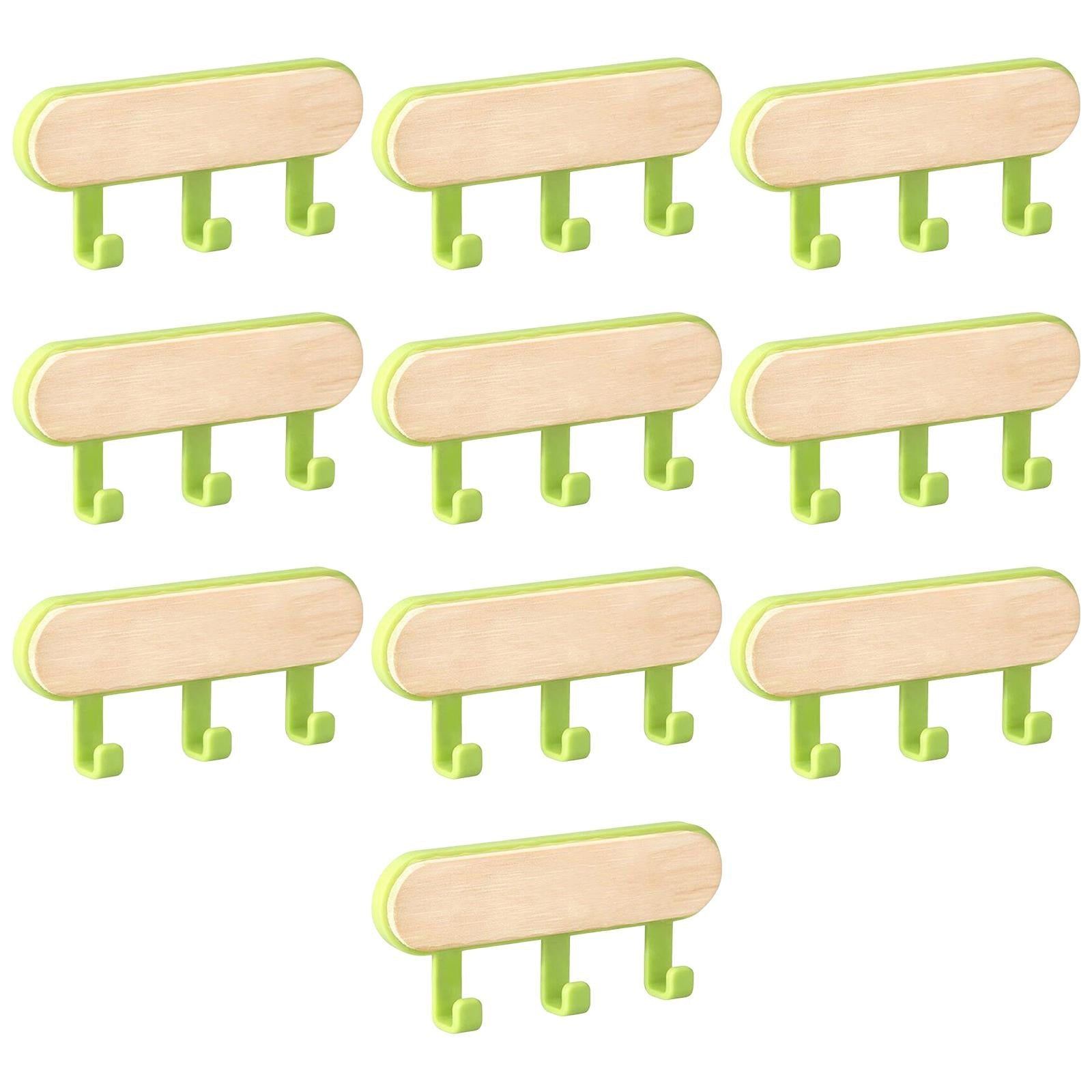 10x Wall Mounted Coat Racks Back Adhesive for Bathroom Bedroom 3 Hooks Green