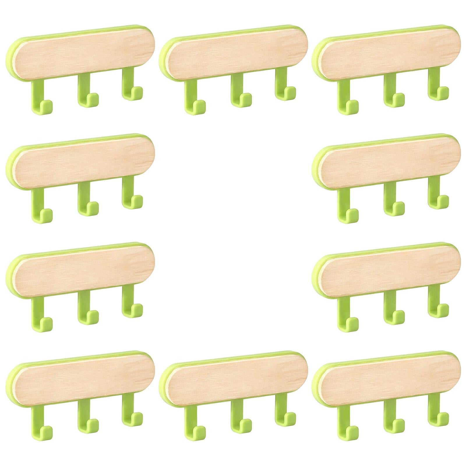 10x Wall Mounted Coat Racks Back Adhesive for Bathroom Bedroom 3 Hooks Green