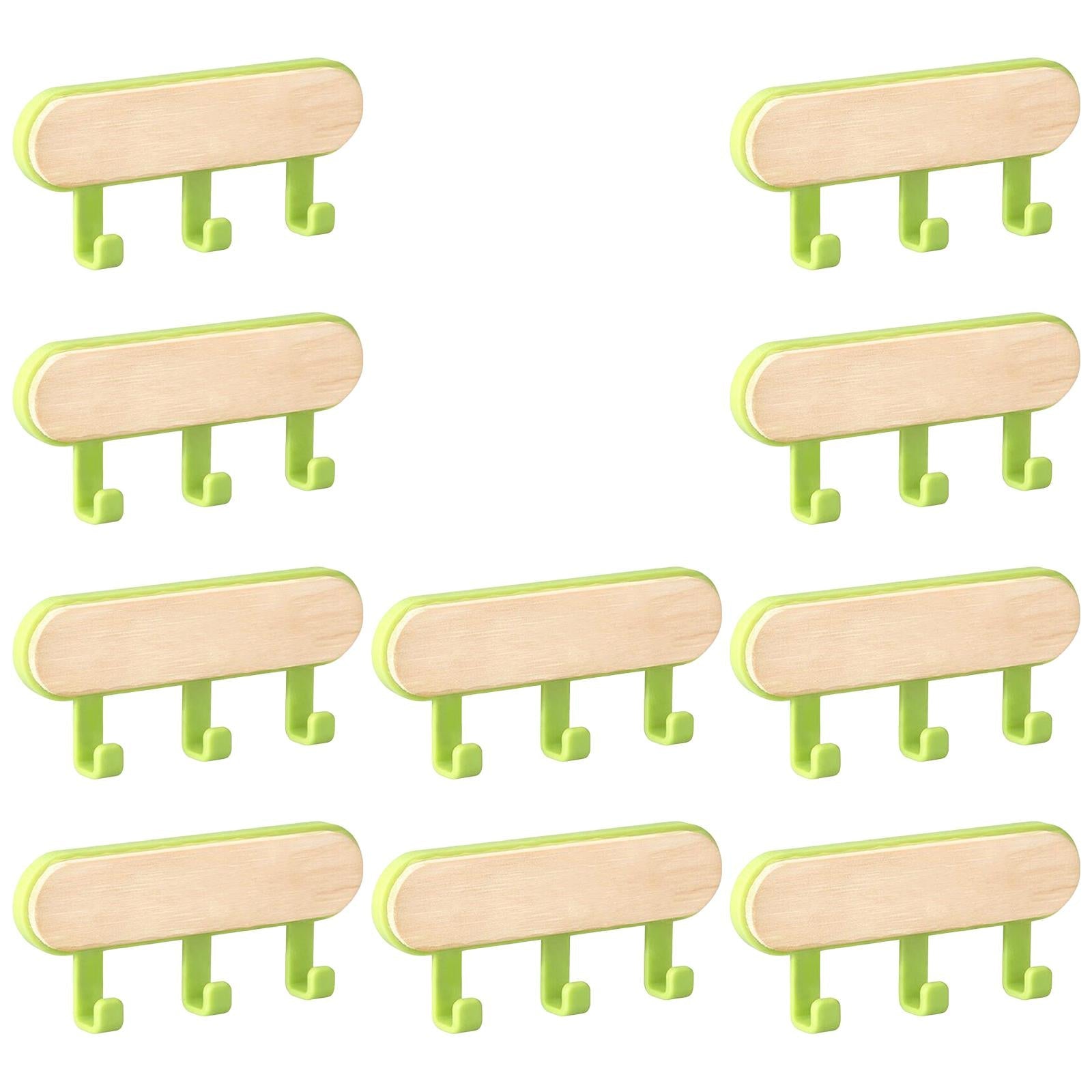 10x Wall Mounted Coat Racks Back Adhesive for Bathroom Bedroom 3 Hooks Green