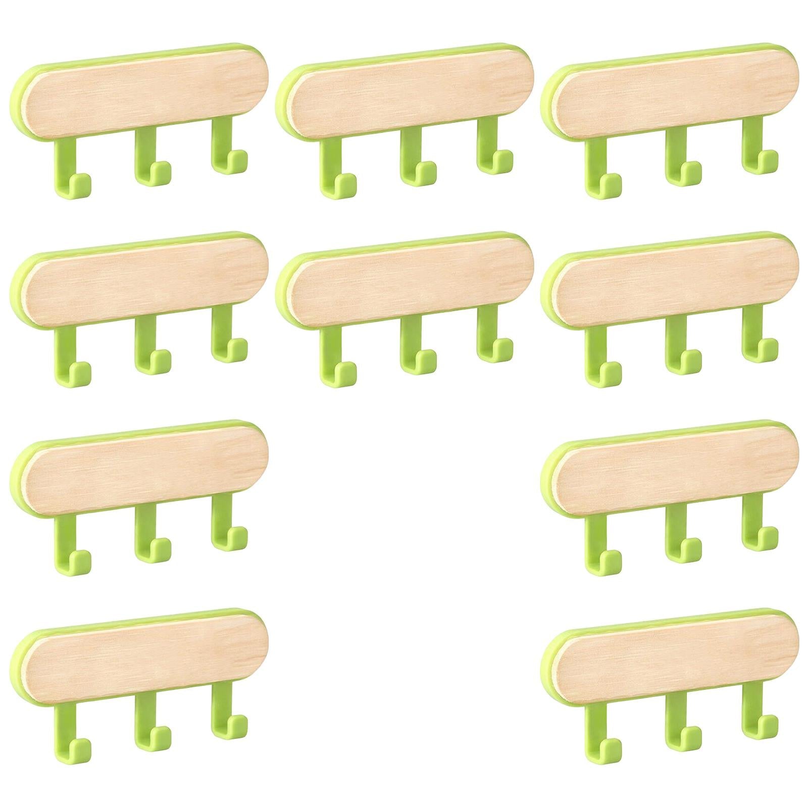 10x Wall Mounted Coat Racks Back Adhesive for Bathroom Bedroom 3 Hooks Green