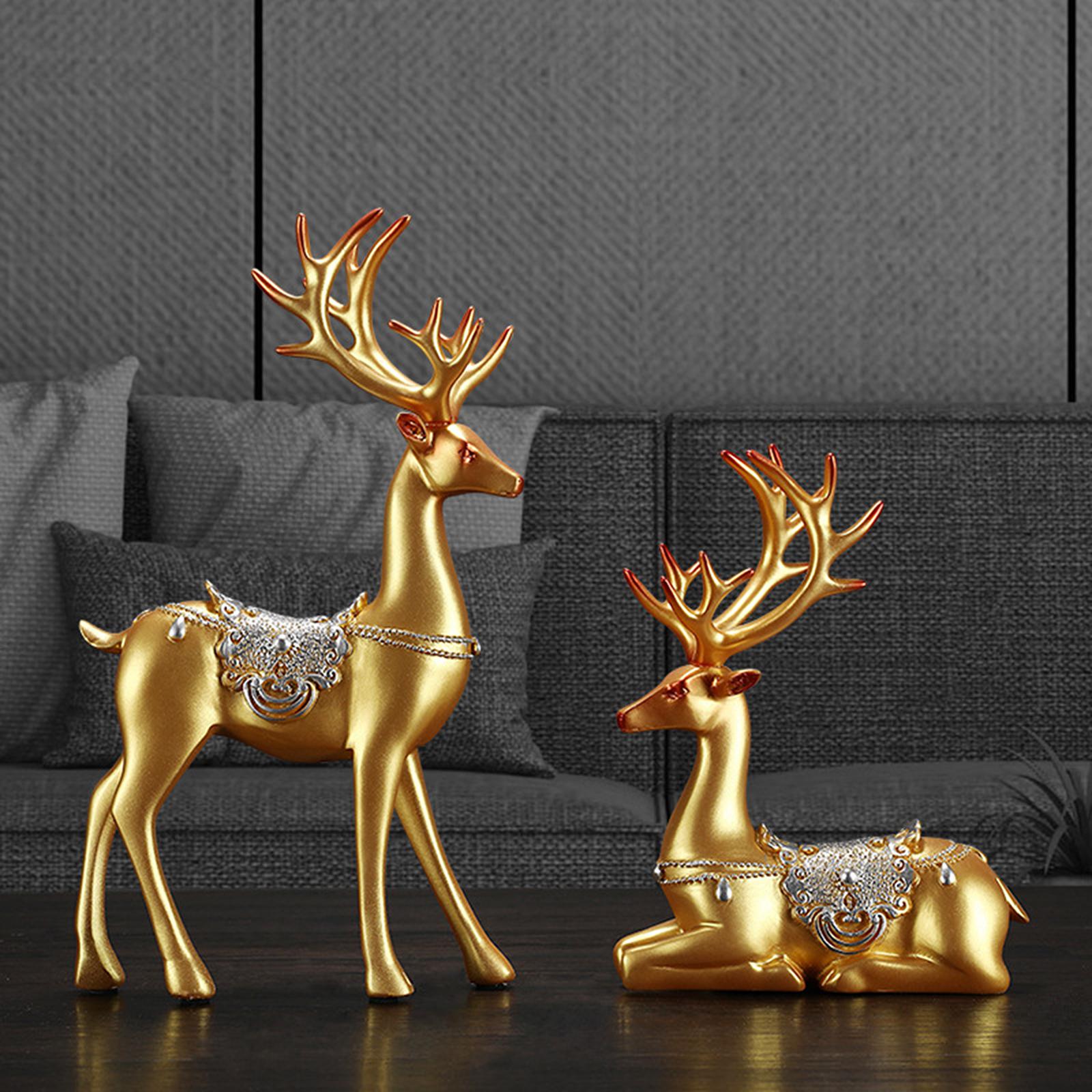 2pcs Reindeer Figurines Resin Deer Statues for Home Decoration Gift Golden