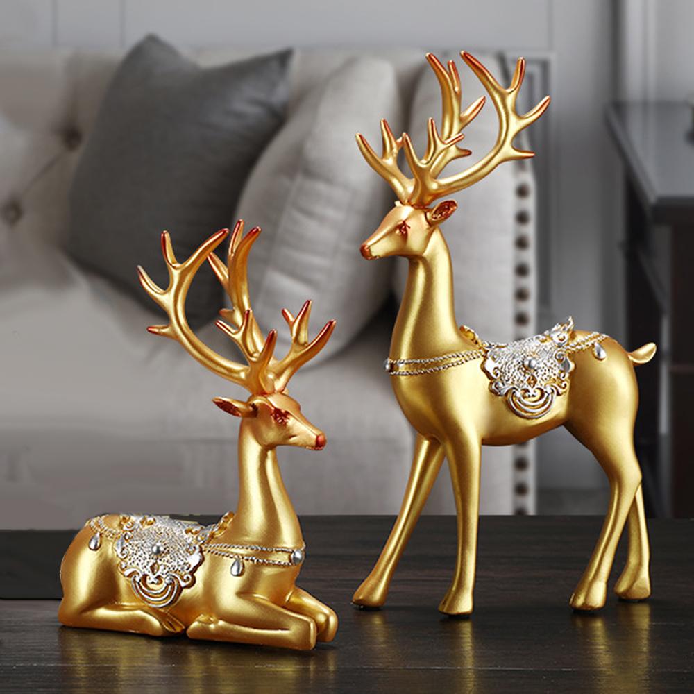 2pcs Reindeer Figurines Resin Deer Statues for Home Decoration Gift Golden