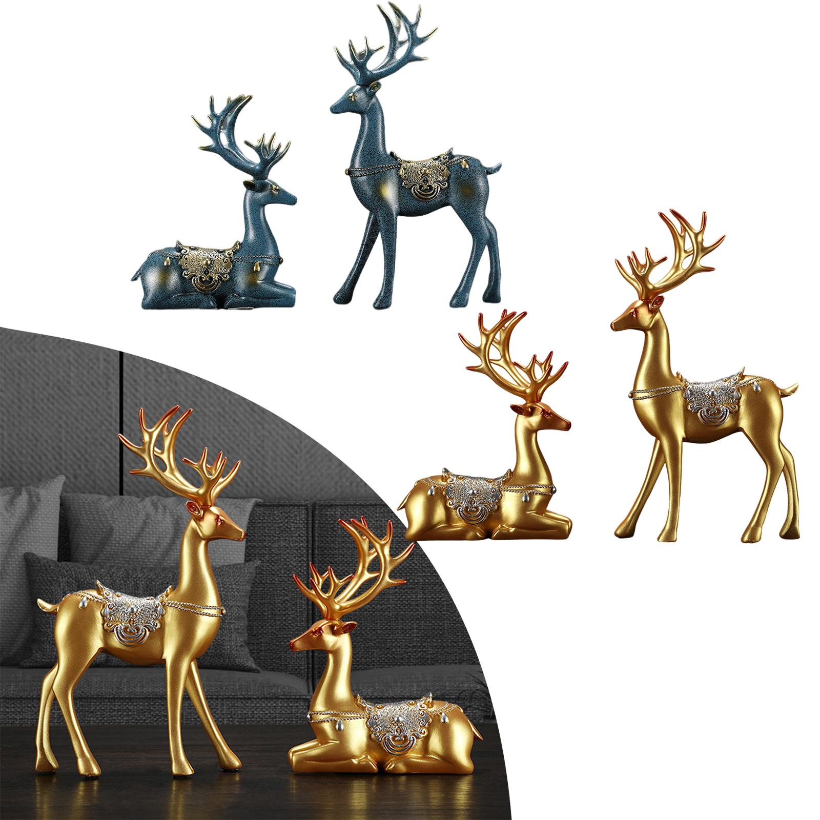 2pcs Reindeer Figurines Resin Deer Statues for Home Decoration Gift Golden