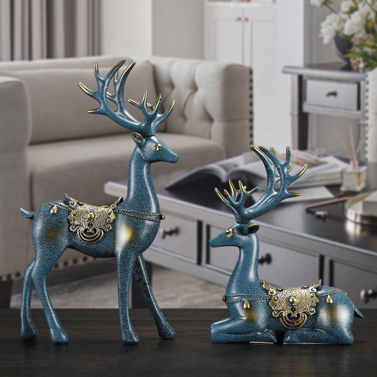 2pcs Reindeer Figurines Resin Deer Statues for Home Decoration Gift Blue