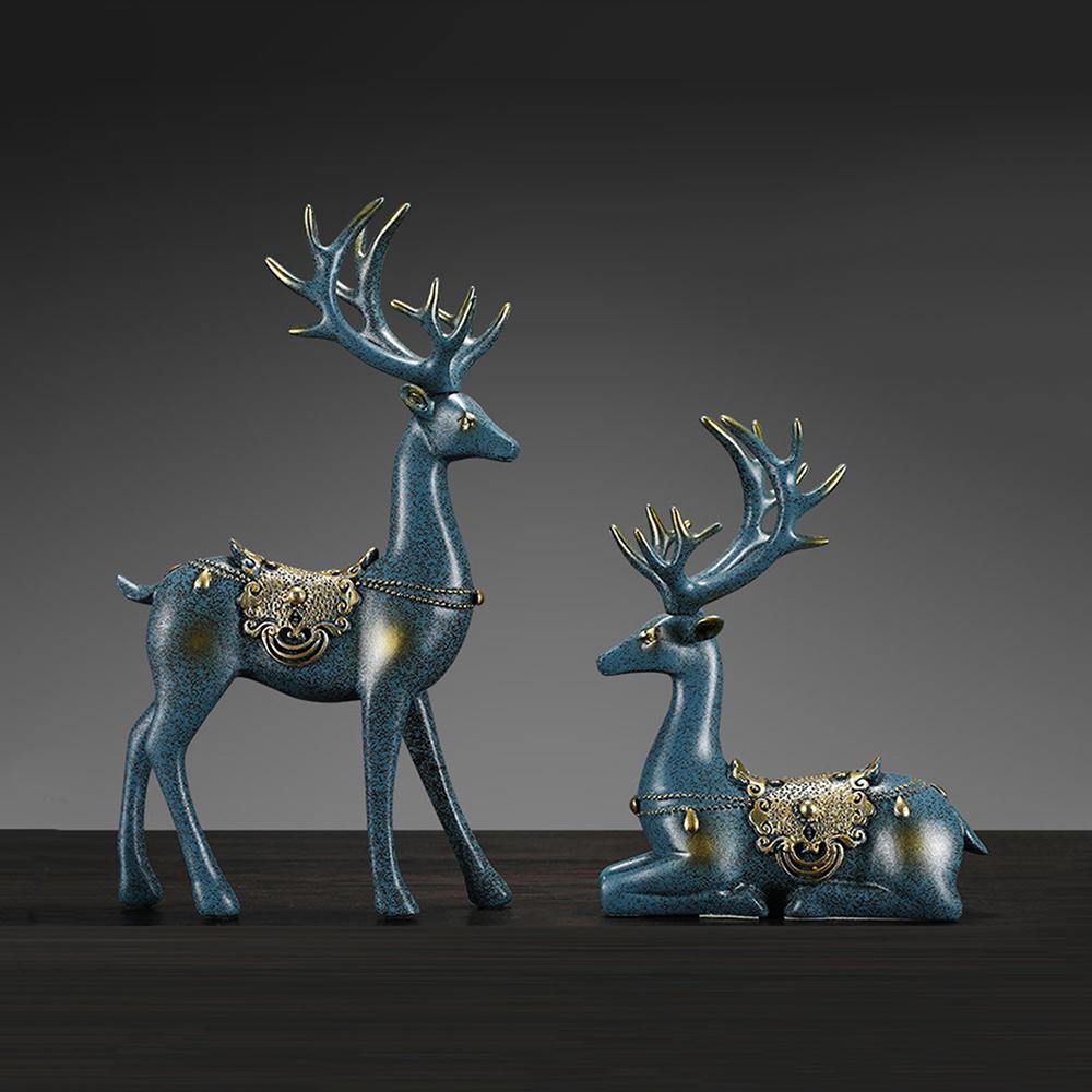 2pcs Reindeer Figurines Resin Deer Statues for Home Decoration Gift Blue