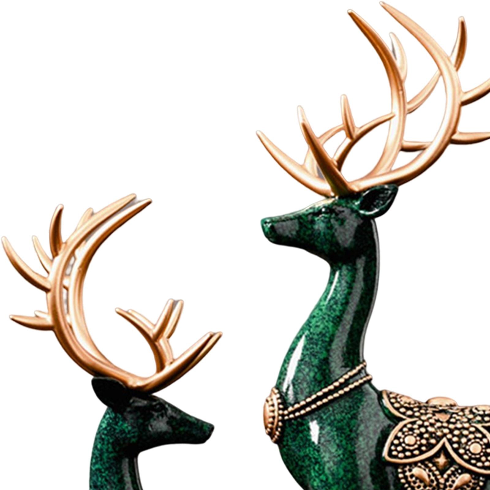 2Pcs Lover Deer Figurines Decors Reindeer Sculptures Xmas Elk Statues Green