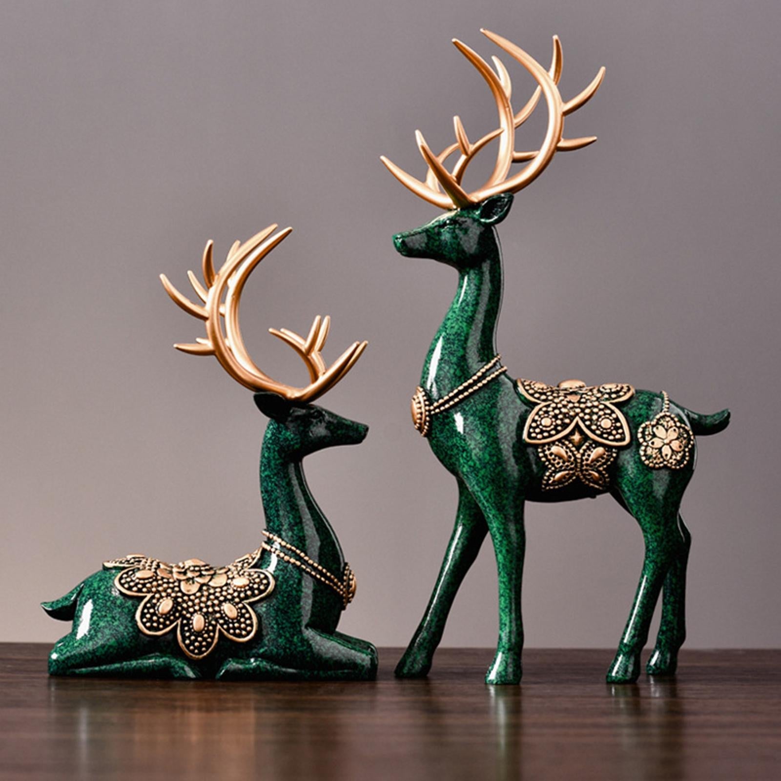 2Pcs Lover Deer Figurines Decors Reindeer Sculptures Xmas Elk Statues Green