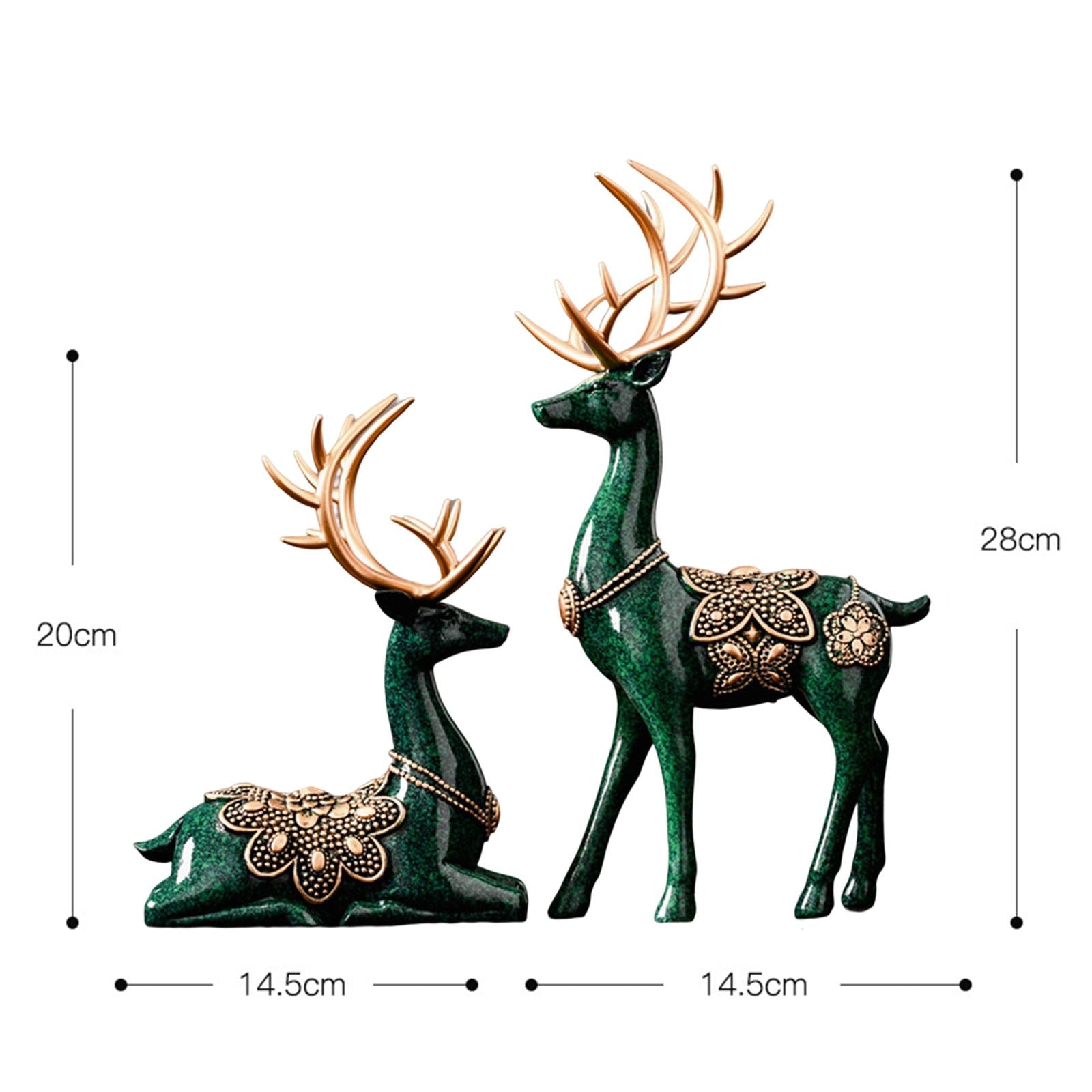 2Pcs Lover Deer Figurines Decors Reindeer Sculptures Xmas Elk Statues Green