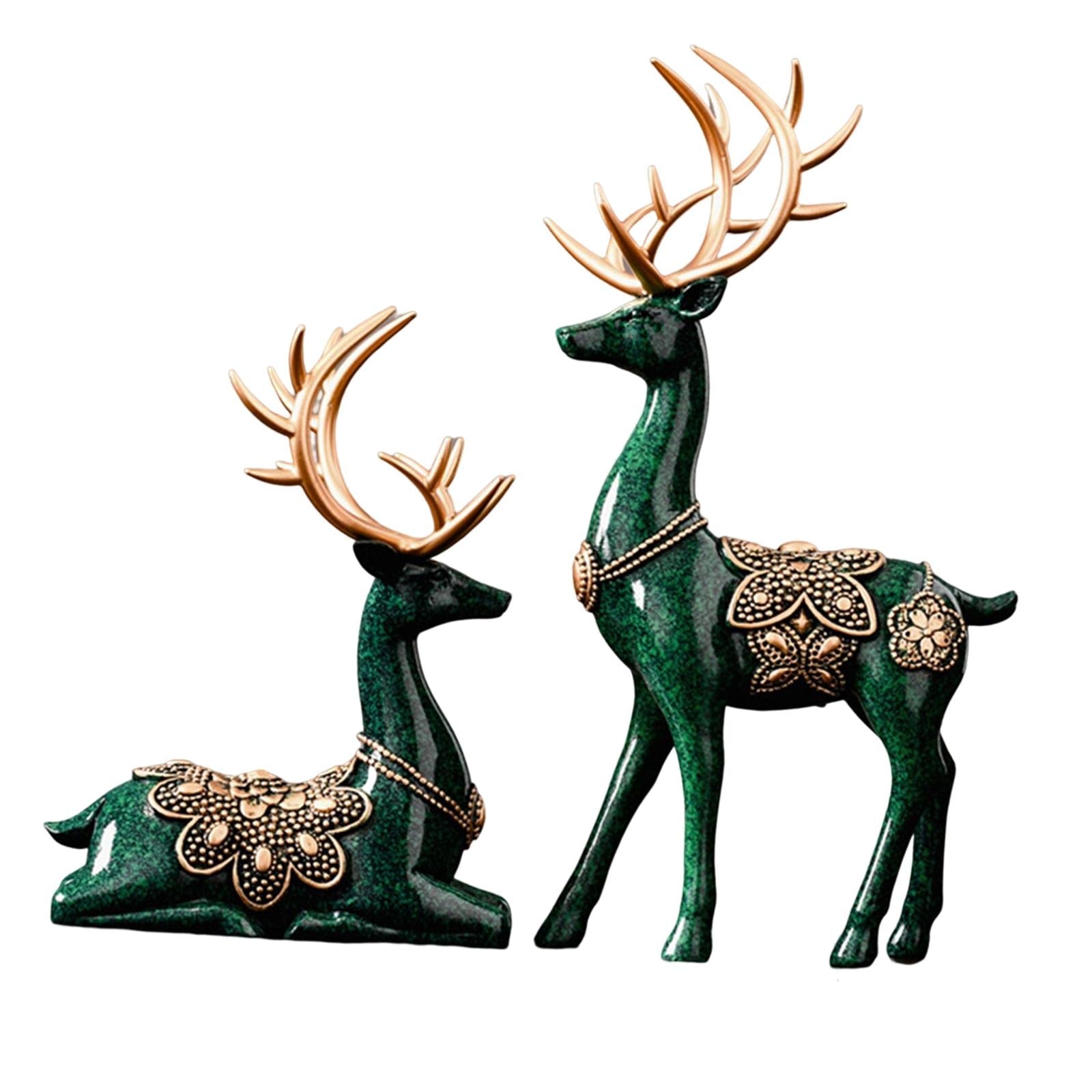 2Pcs Lover Deer Figurines Decors Reindeer Sculptures Xmas Elk Statues Green