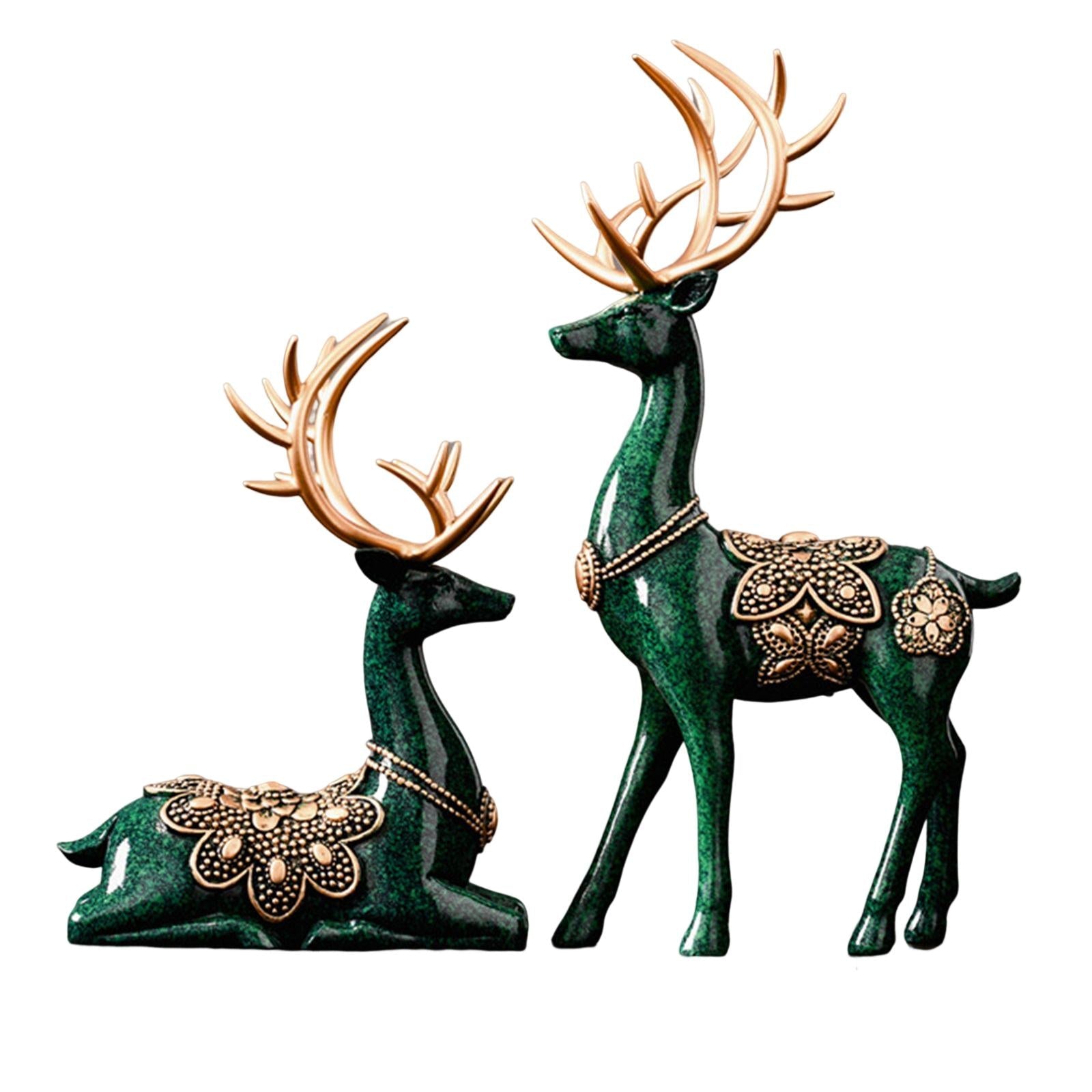 2Pcs Lover Deer Figurines Decors Reindeer Sculptures Xmas Elk Statues Green